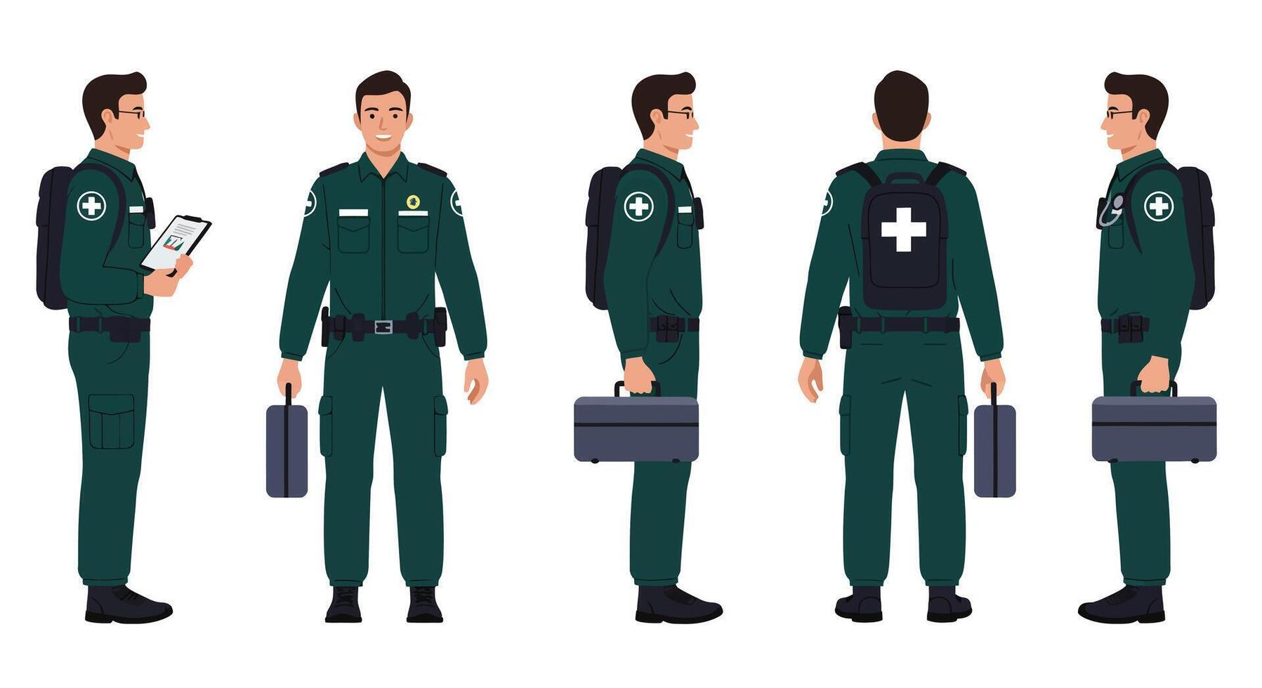 Emergency medical technician in green uniform detailed illustration with medical bag and tablet art vector