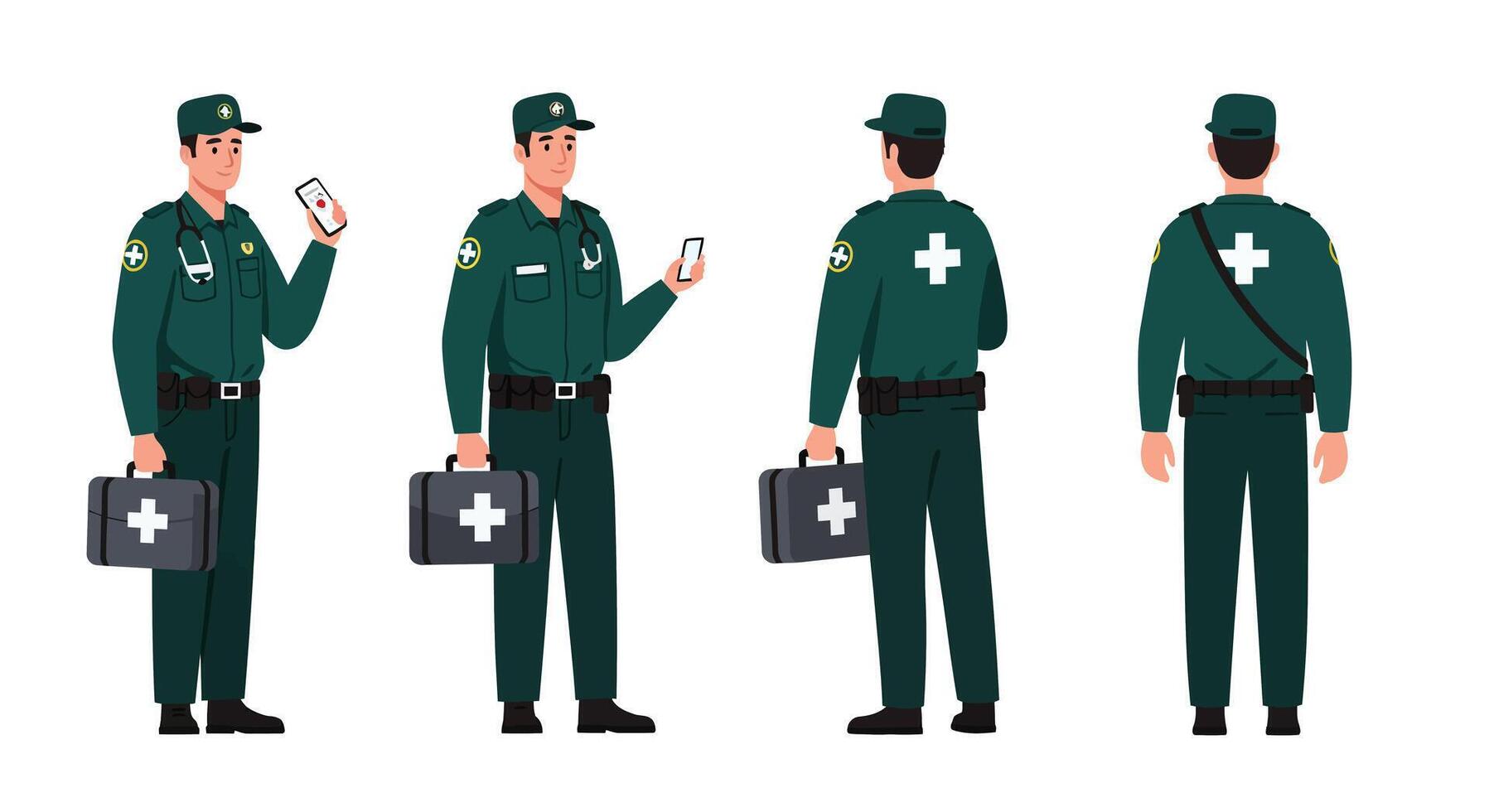 Medical responder character in various poses with flat design style illustration vector