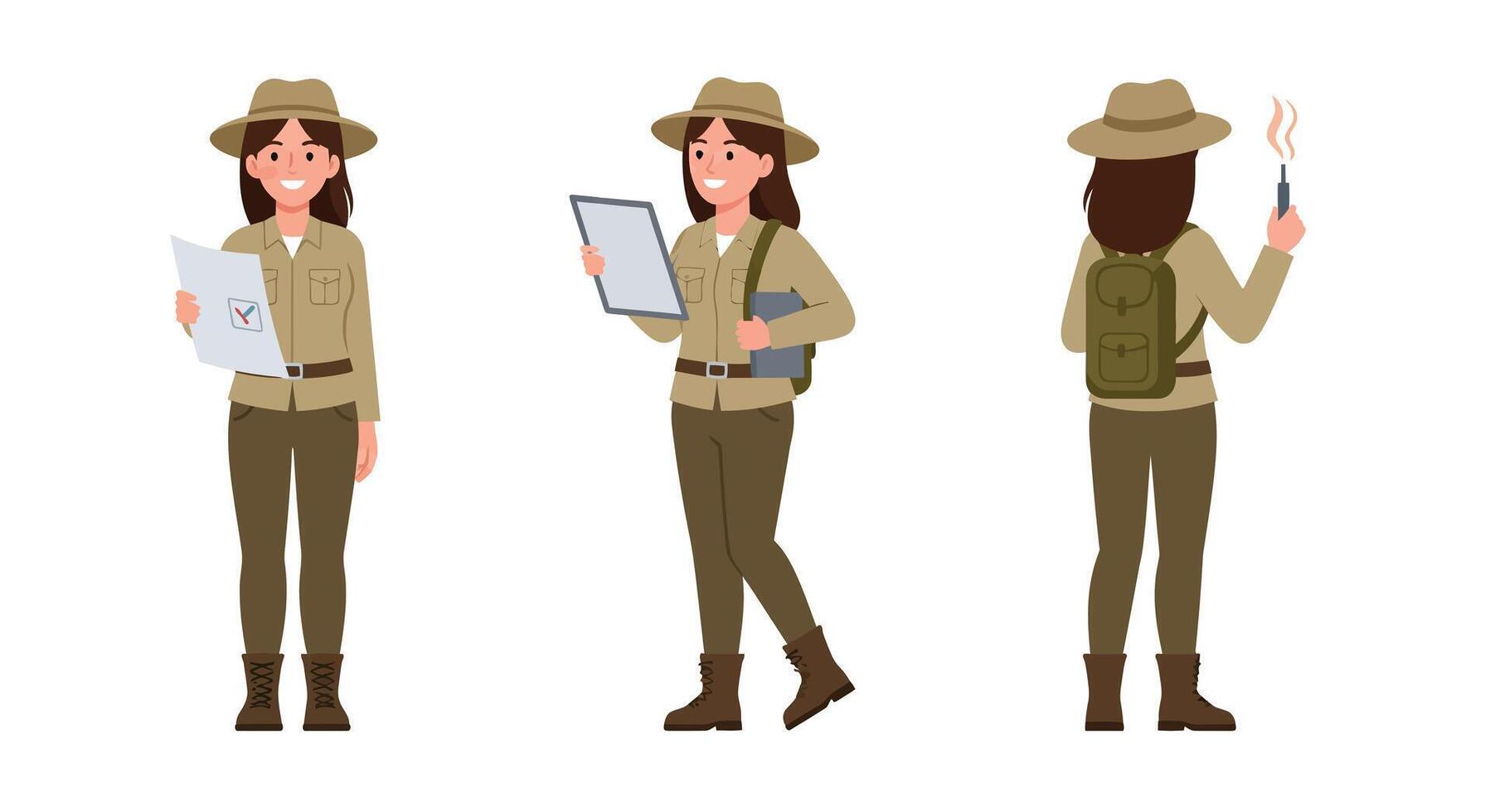 Female explorer character in three poses with flat design art vector