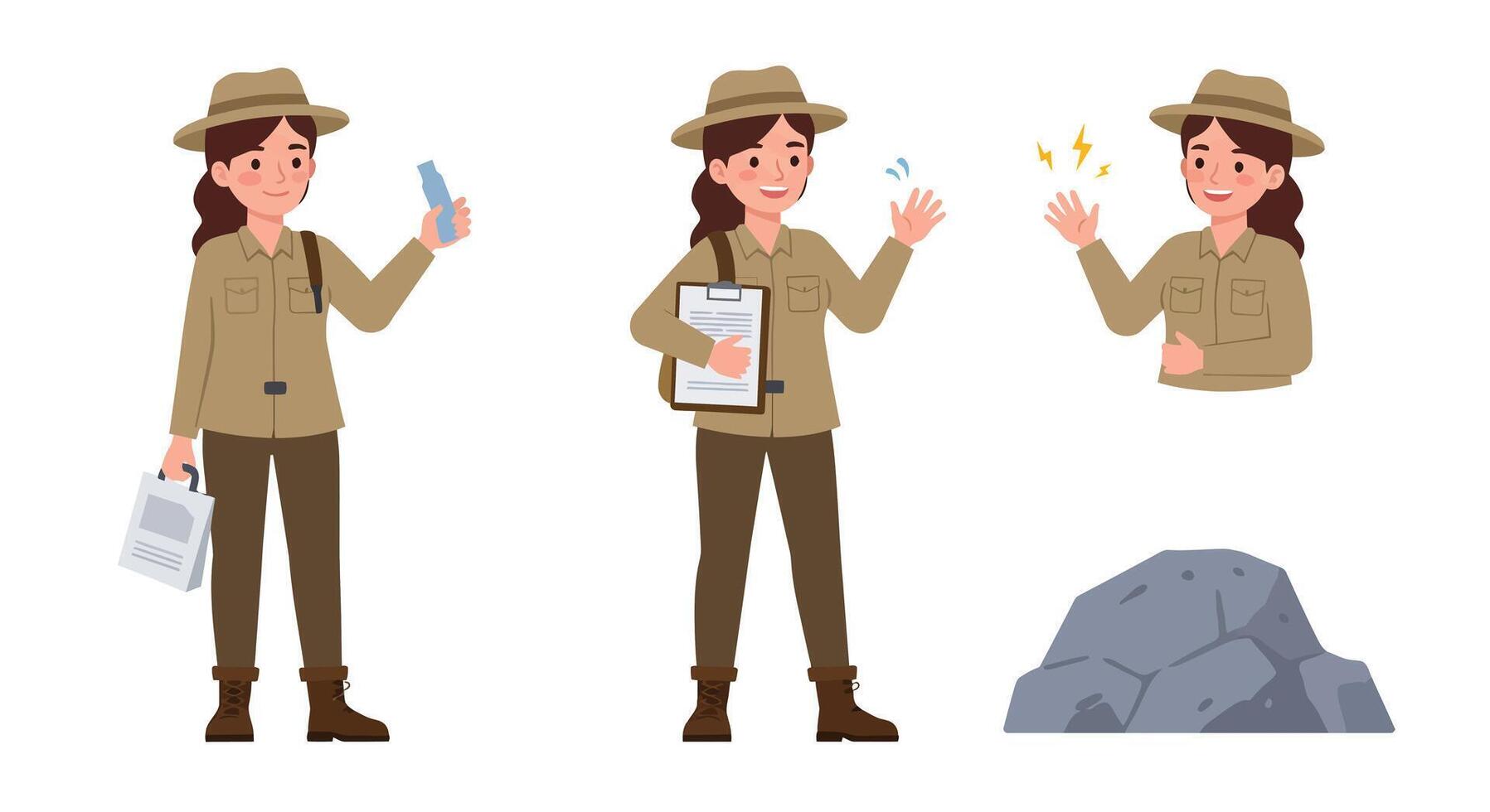 Ranger character progression in flat design art depicting different actions and emotions in nature vector