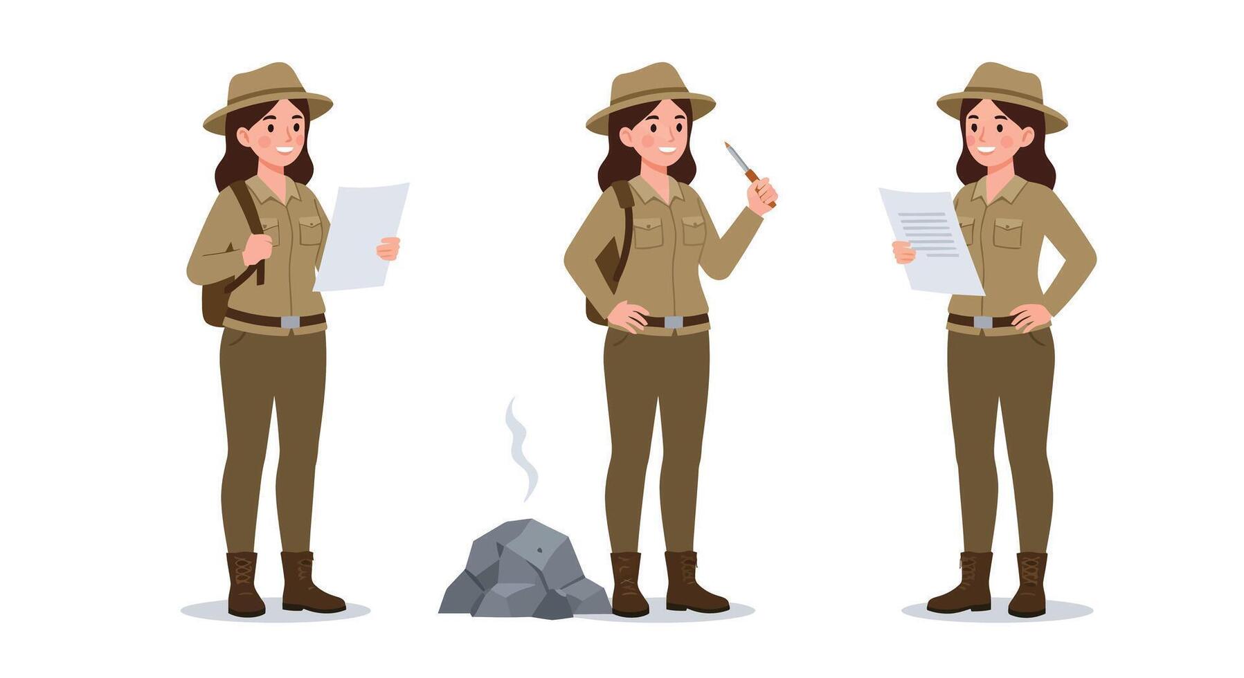 Ranger character in three frames, detailed flat style illustration vector
