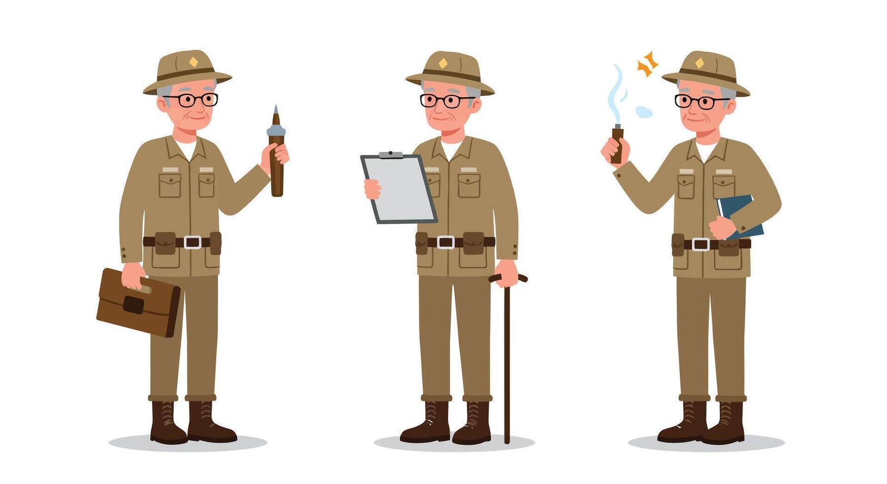 Detailed illustration of a park ranger in three poses showcasing flat art vector