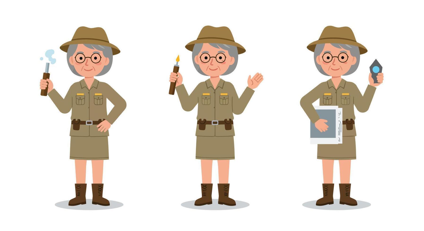 Explorer character in three poses showcasing flat design art vector