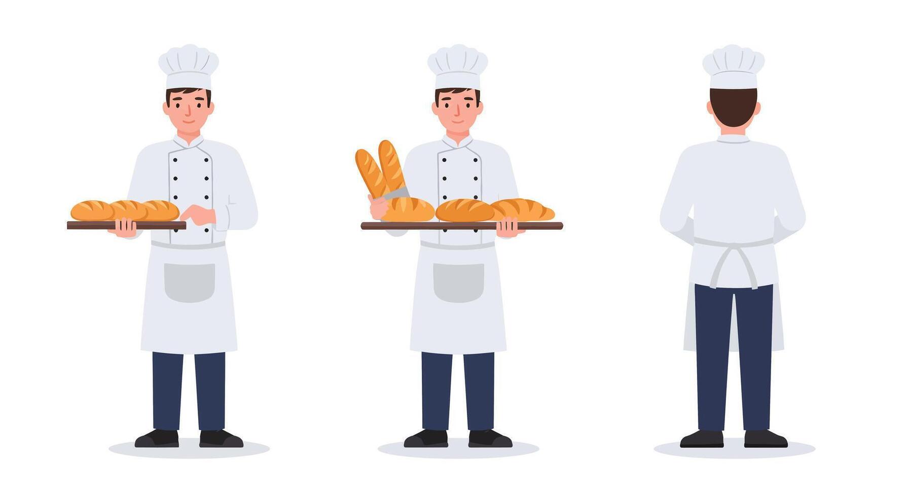 Baker presenting fresh bread in flat design art vector