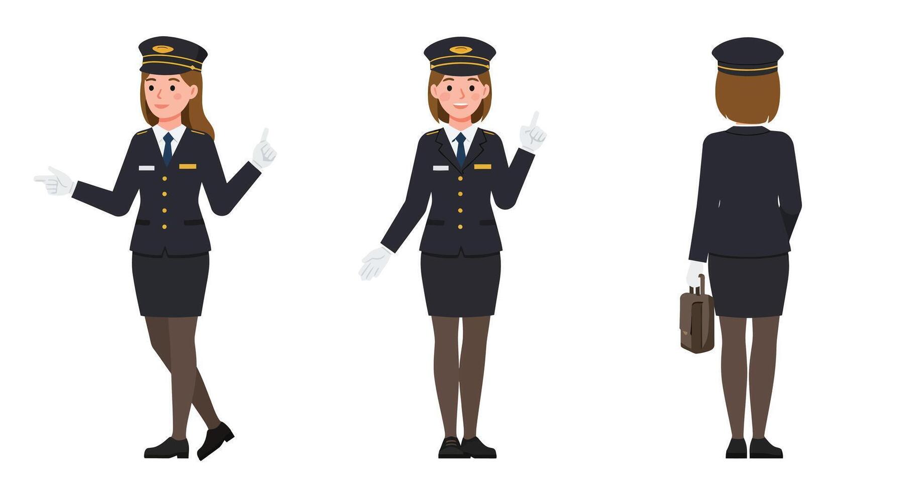 Female flight attendant character in flat design style showcasing multiple poses art vector