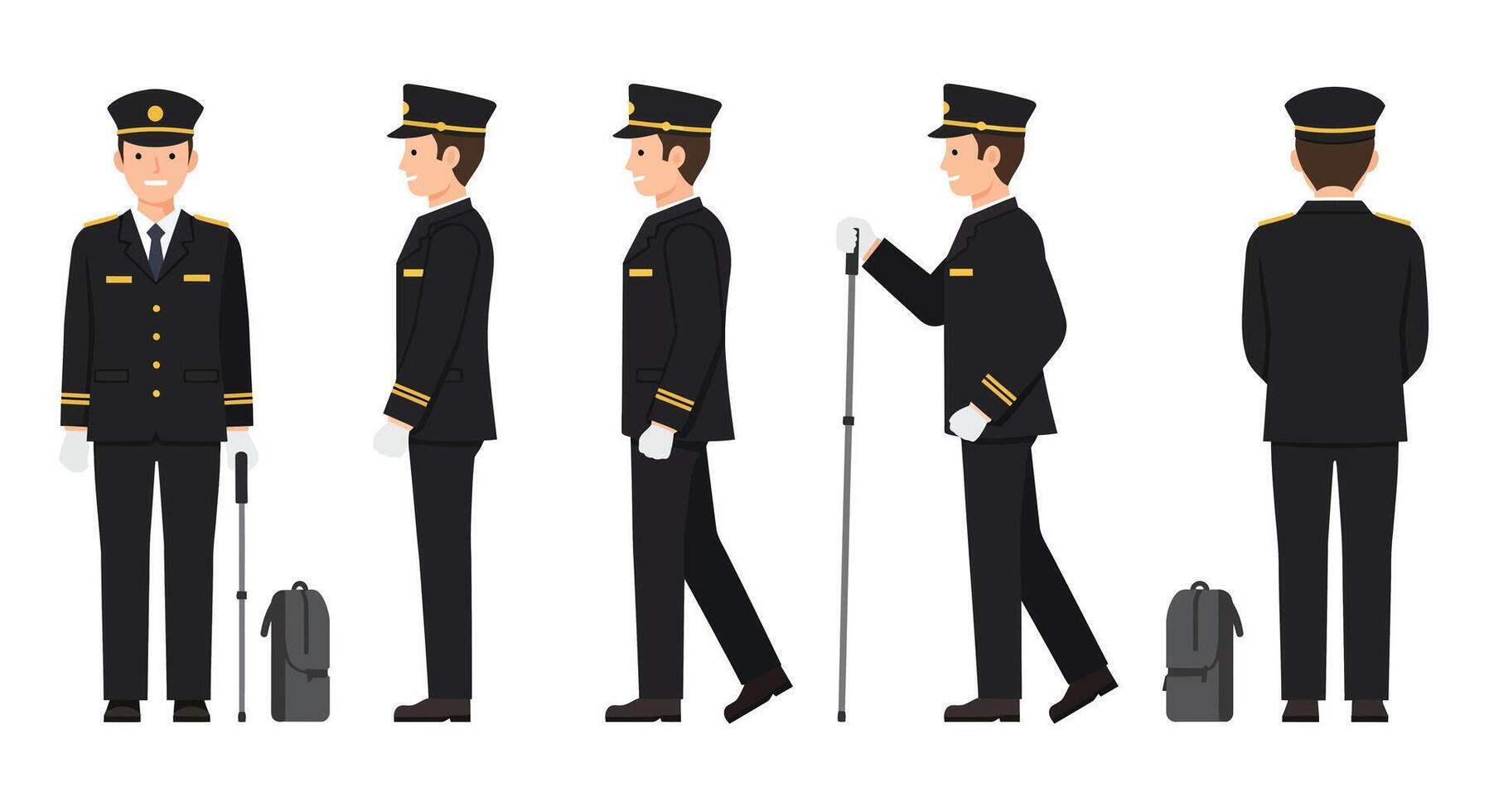 Character in uniform changing poses in flat art vector
