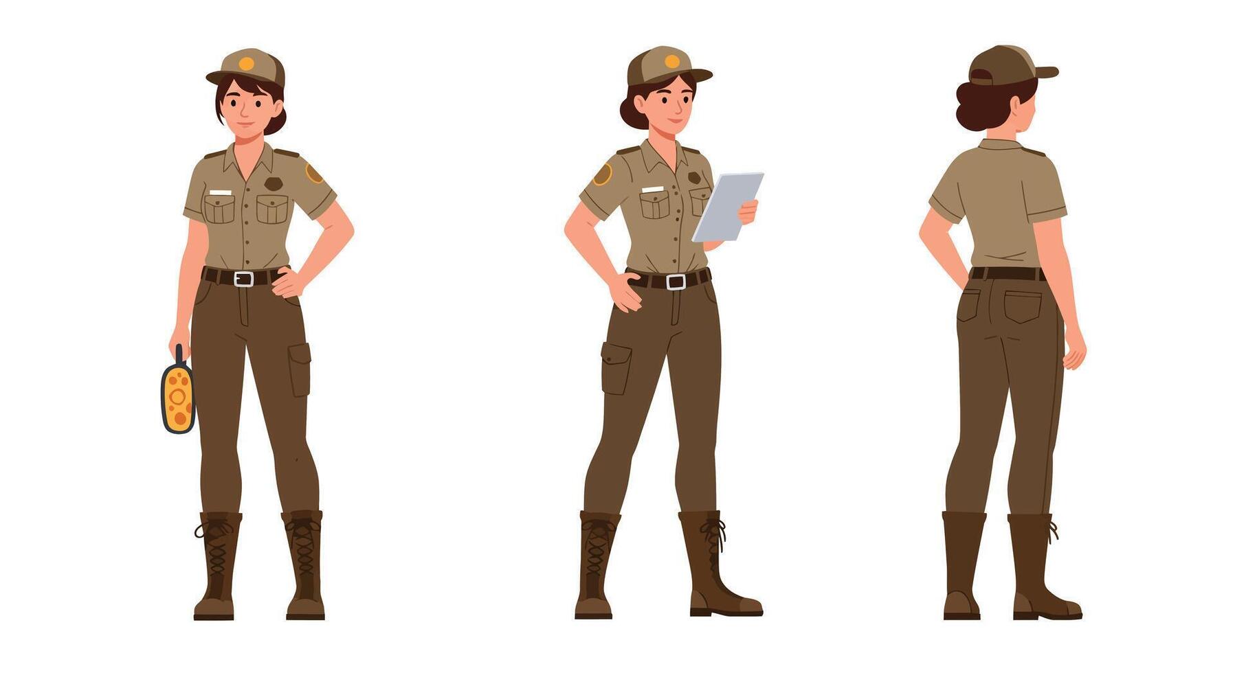 Female park ranger character design in flat style showcasing different poses illustration vector