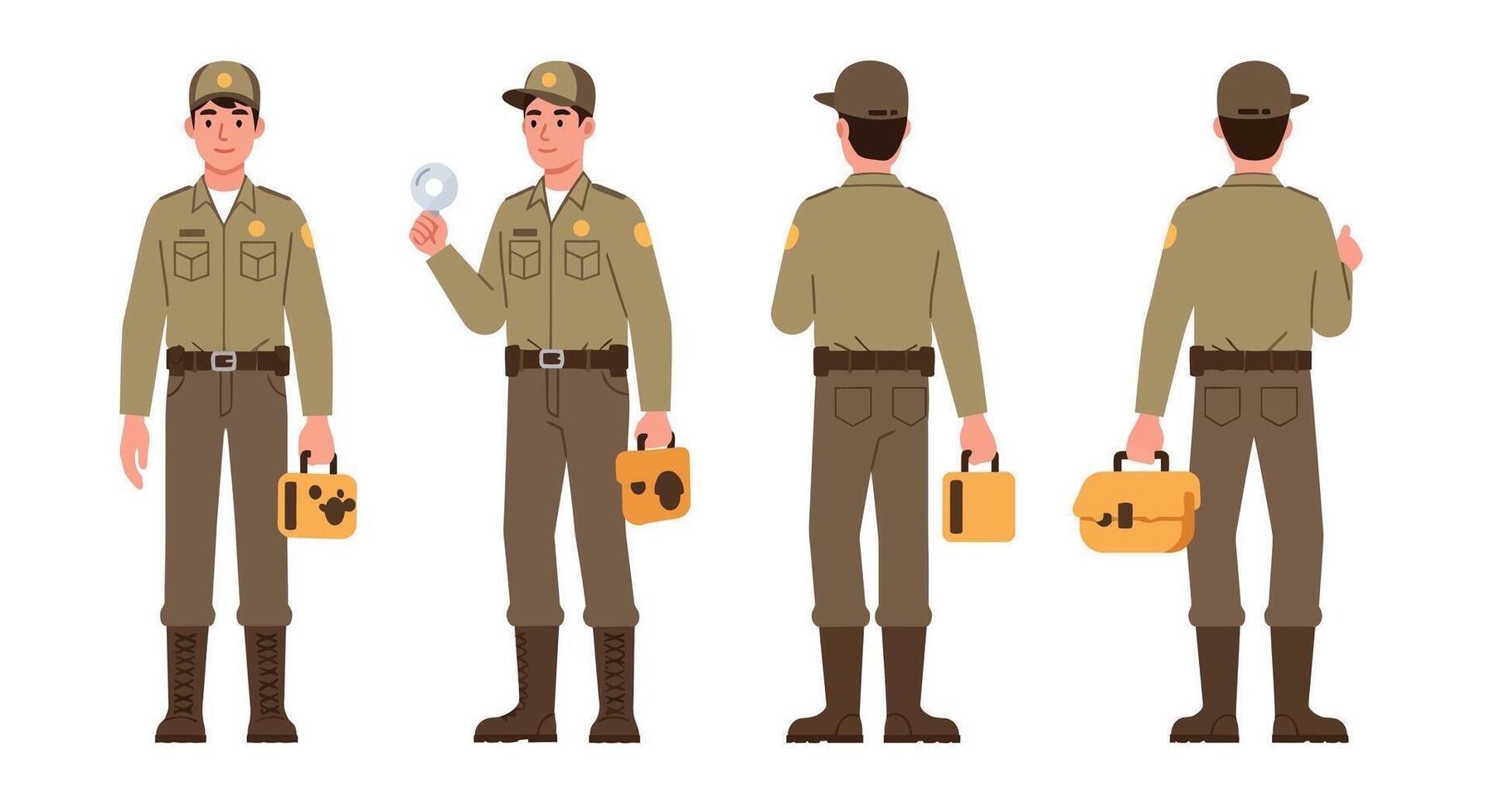 Detailed illustration of a park ranger in various poses showcasing flat art vector