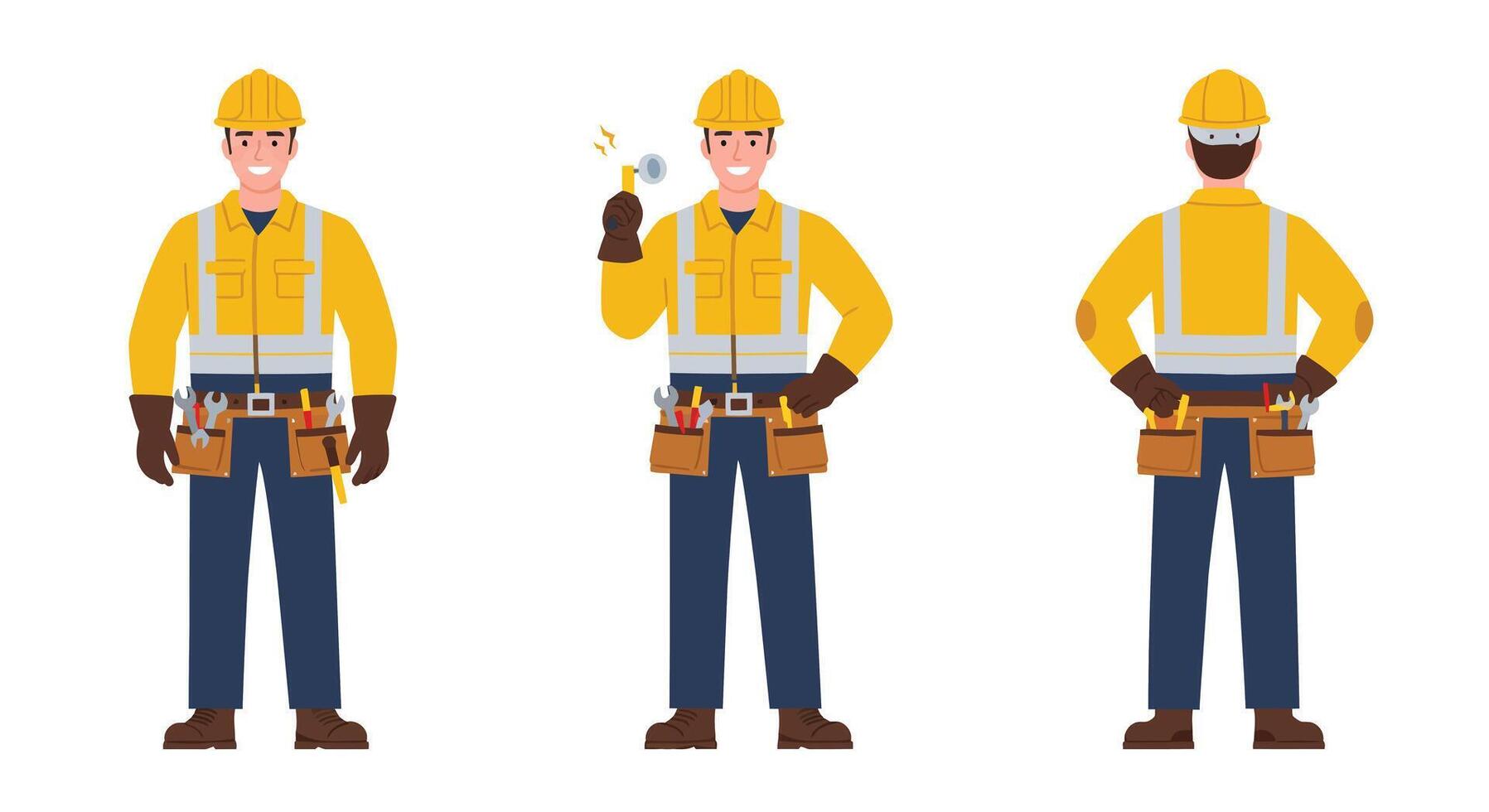Construction worker character in flat style showcasing different poses in illustration vector