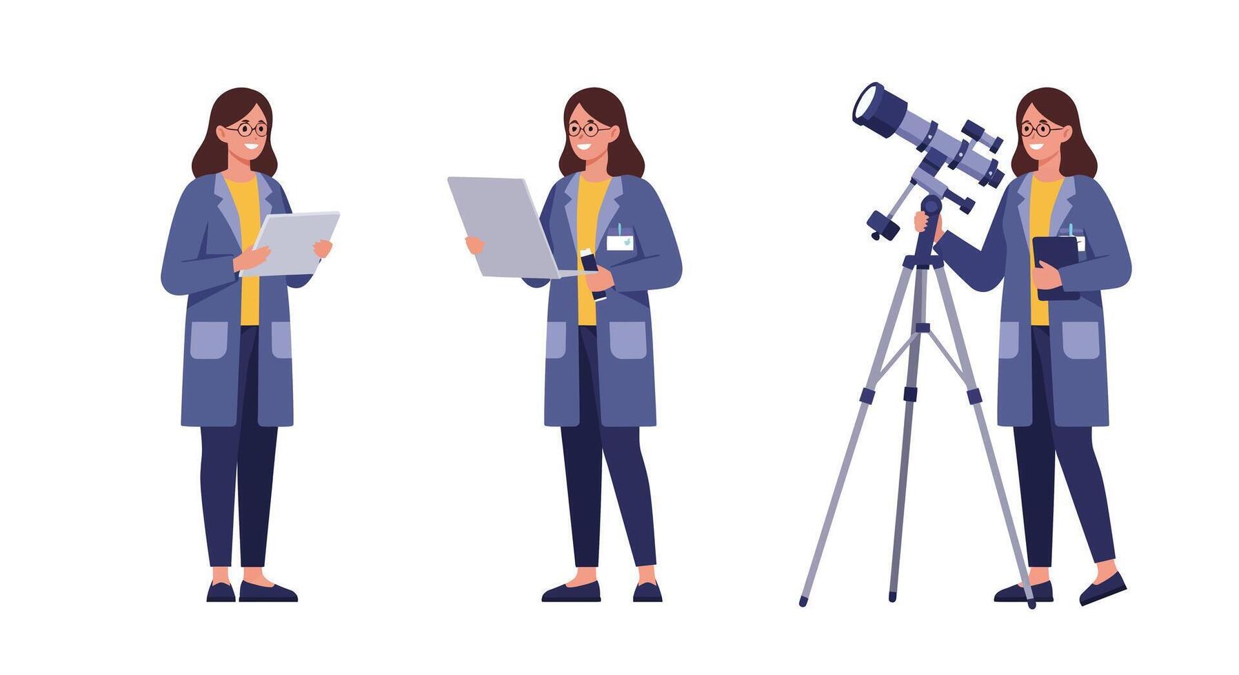 Scientist analyzing data and observing through telescope in flat art vector