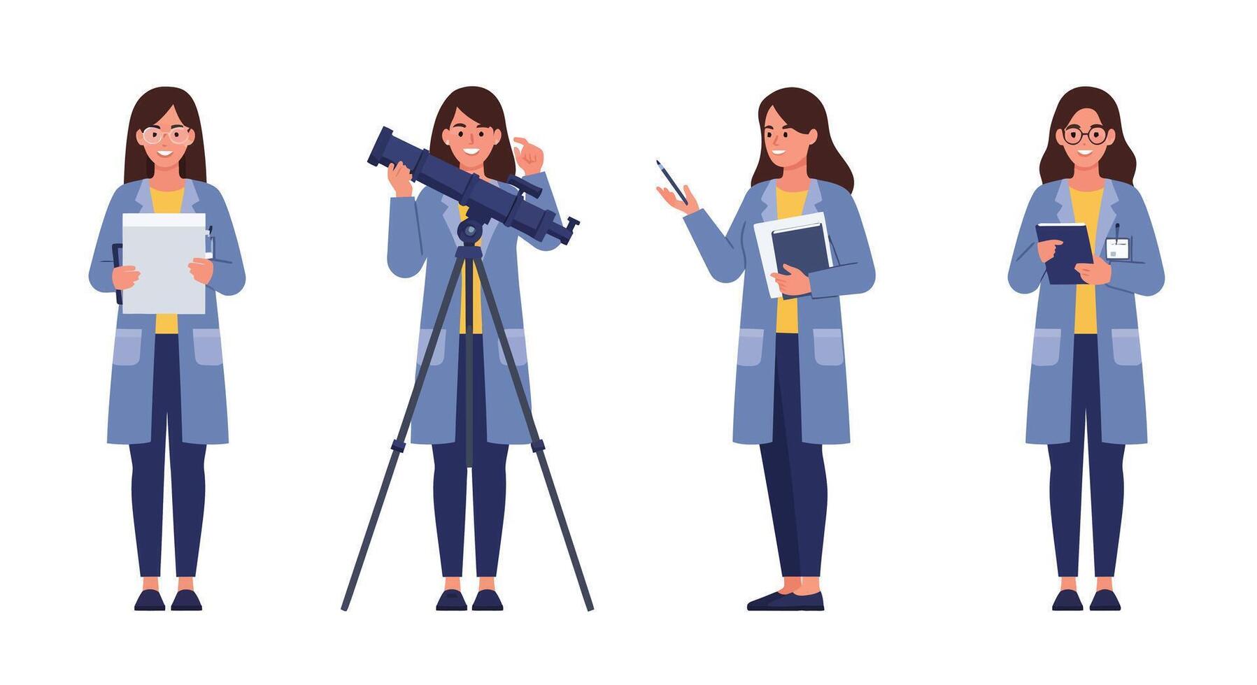 Scientist with telescope and clipboard in flat art style showcasing different research stages vector