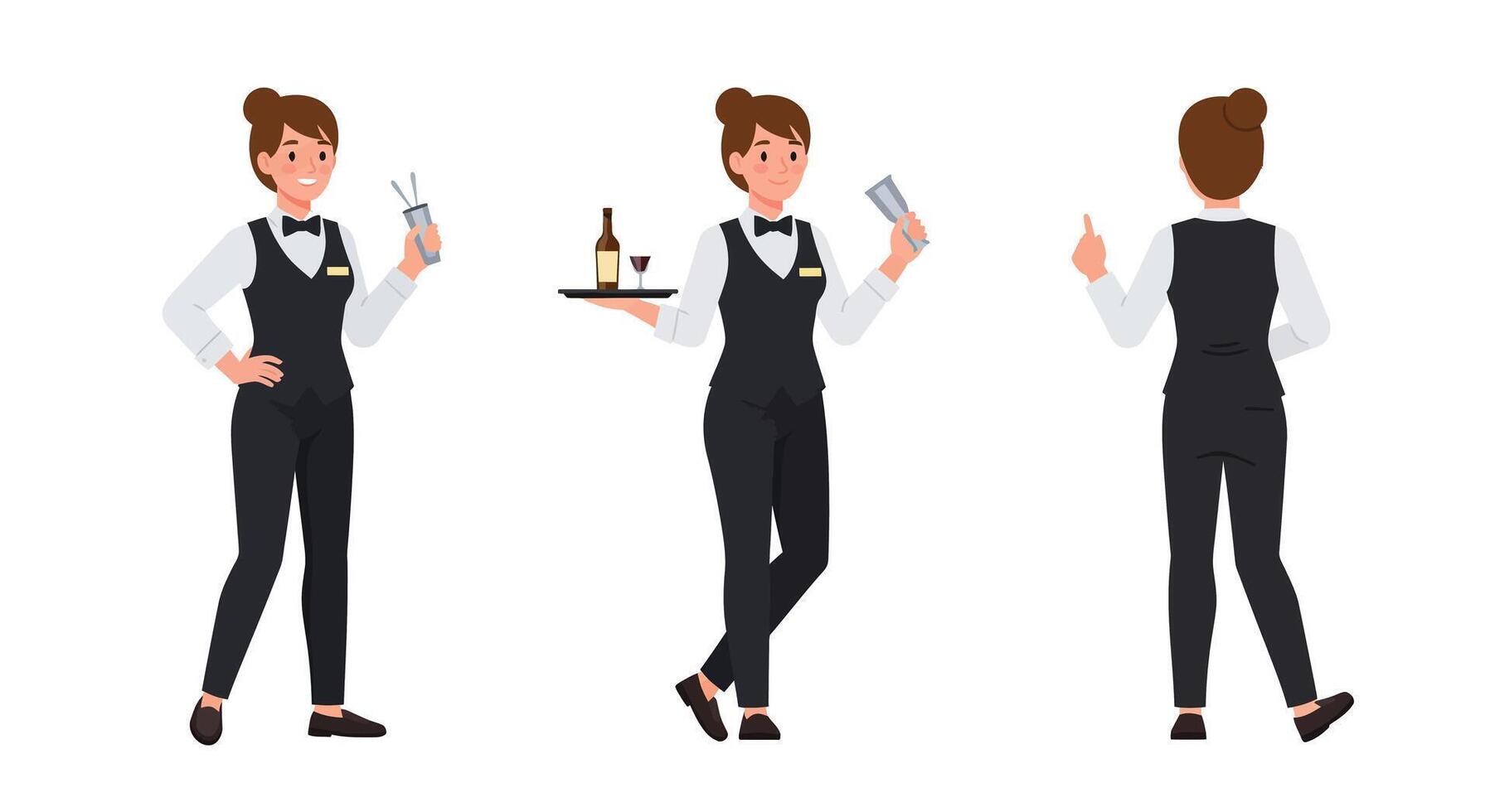 Bartender serving drinks in flat style art with cheerful expressions and detailed outfit design vector