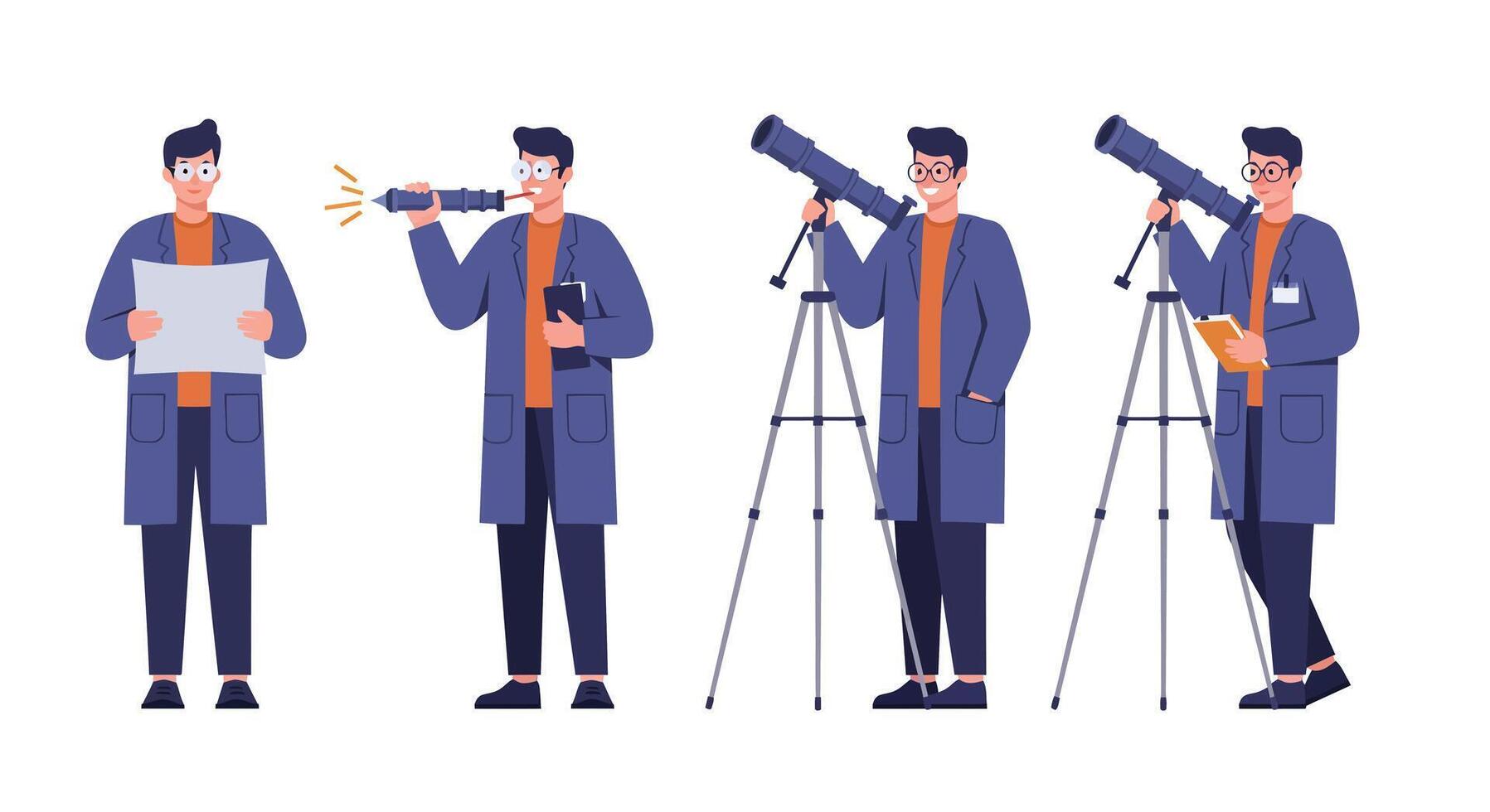 Scientist observing stars with telescope in flat illustration style vector