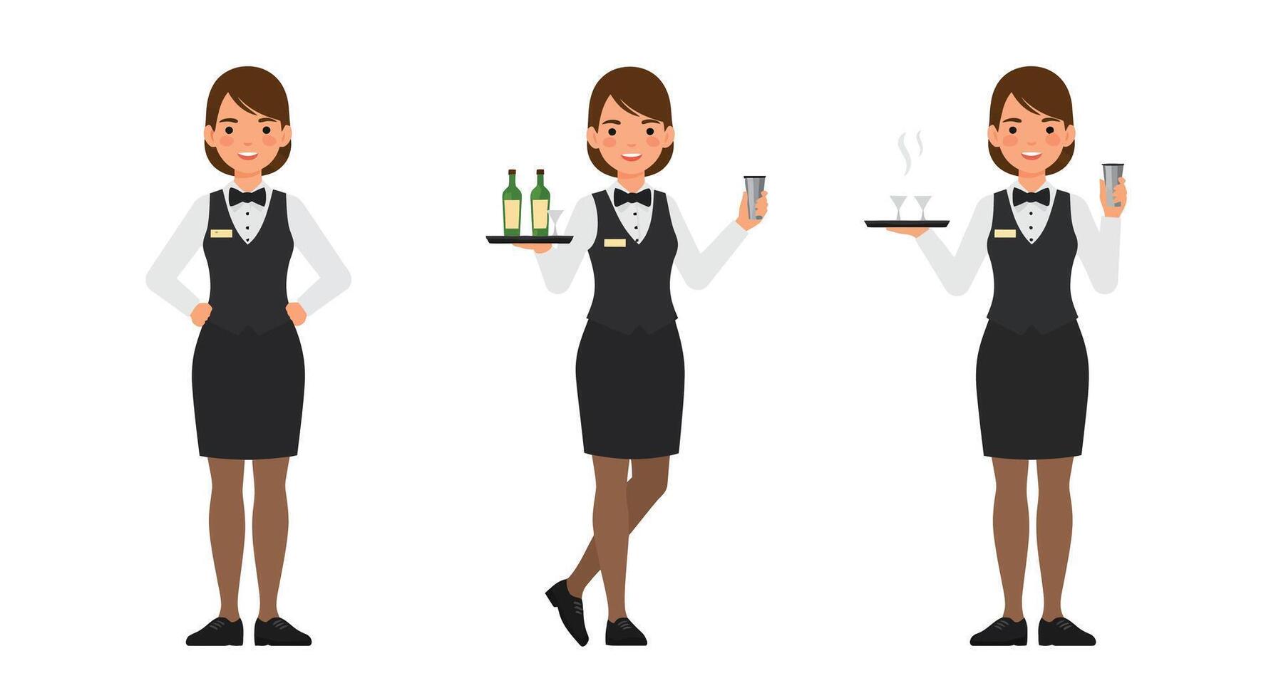 Waitress in three poses showing service skills in flat art vector