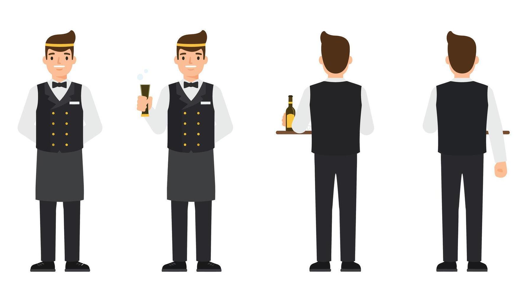 Waiter character design in stylish flat art showing two poses with drink and tray illustration vector