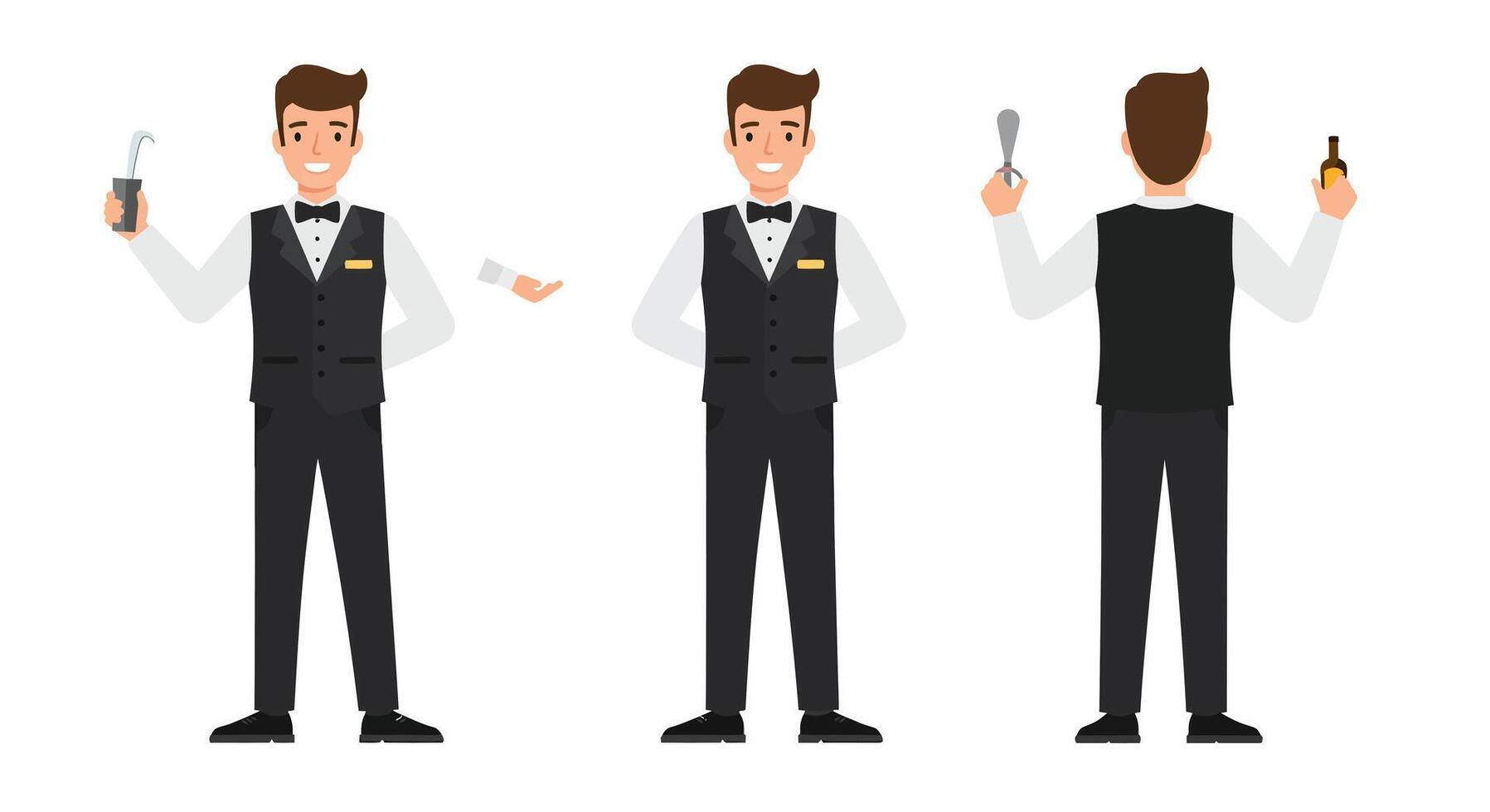 Waiter serving drinks and food in a flat minimal illustration vector