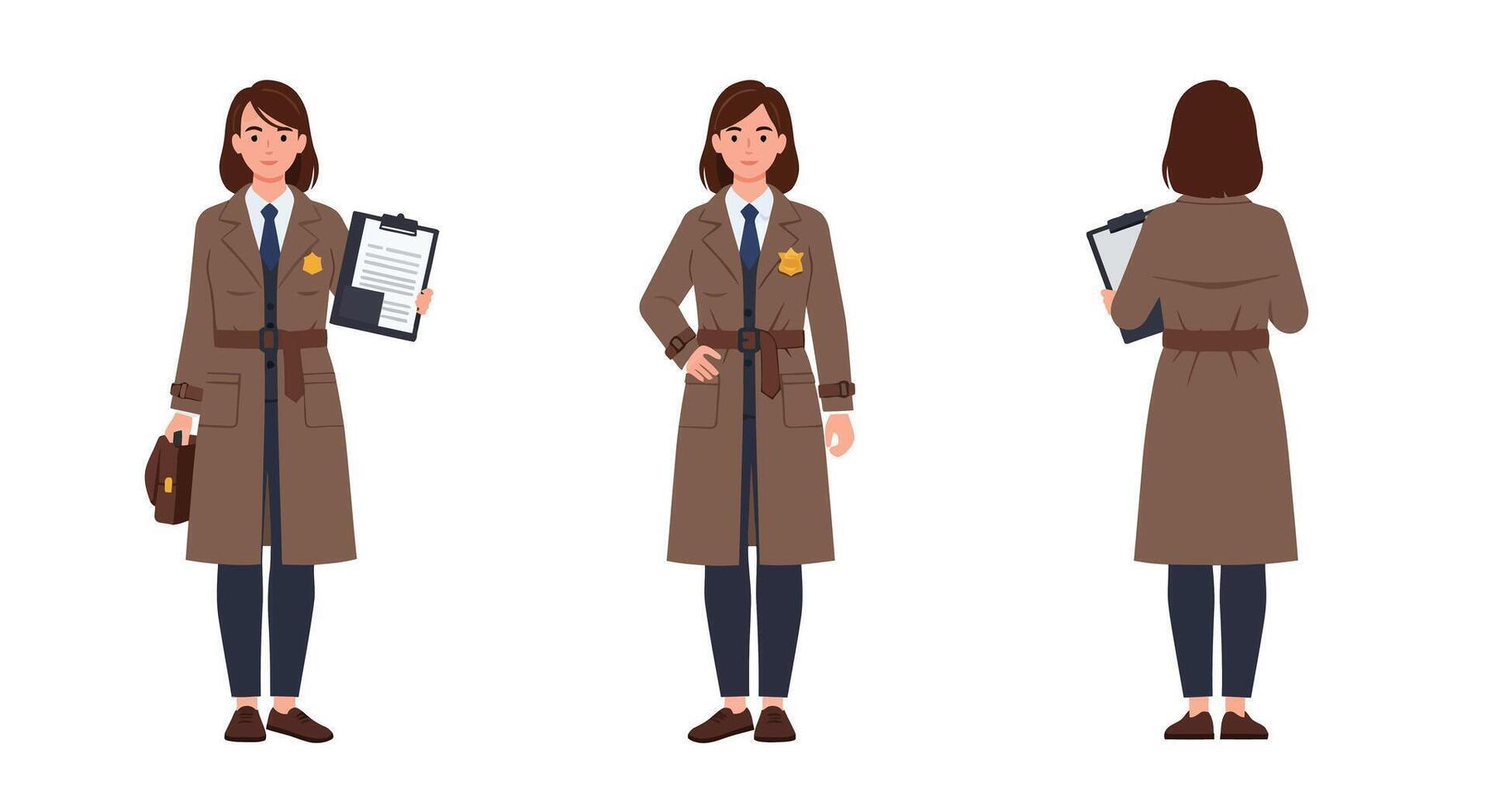 Female detective in three poses, flat design showcasing character development, illustration vector