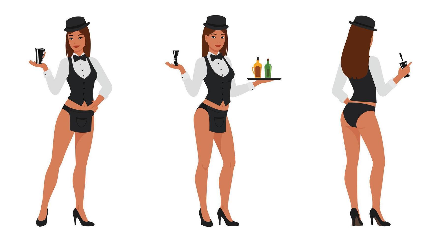 Stylish female bartender character in flat design showcasing different poses in art vector
