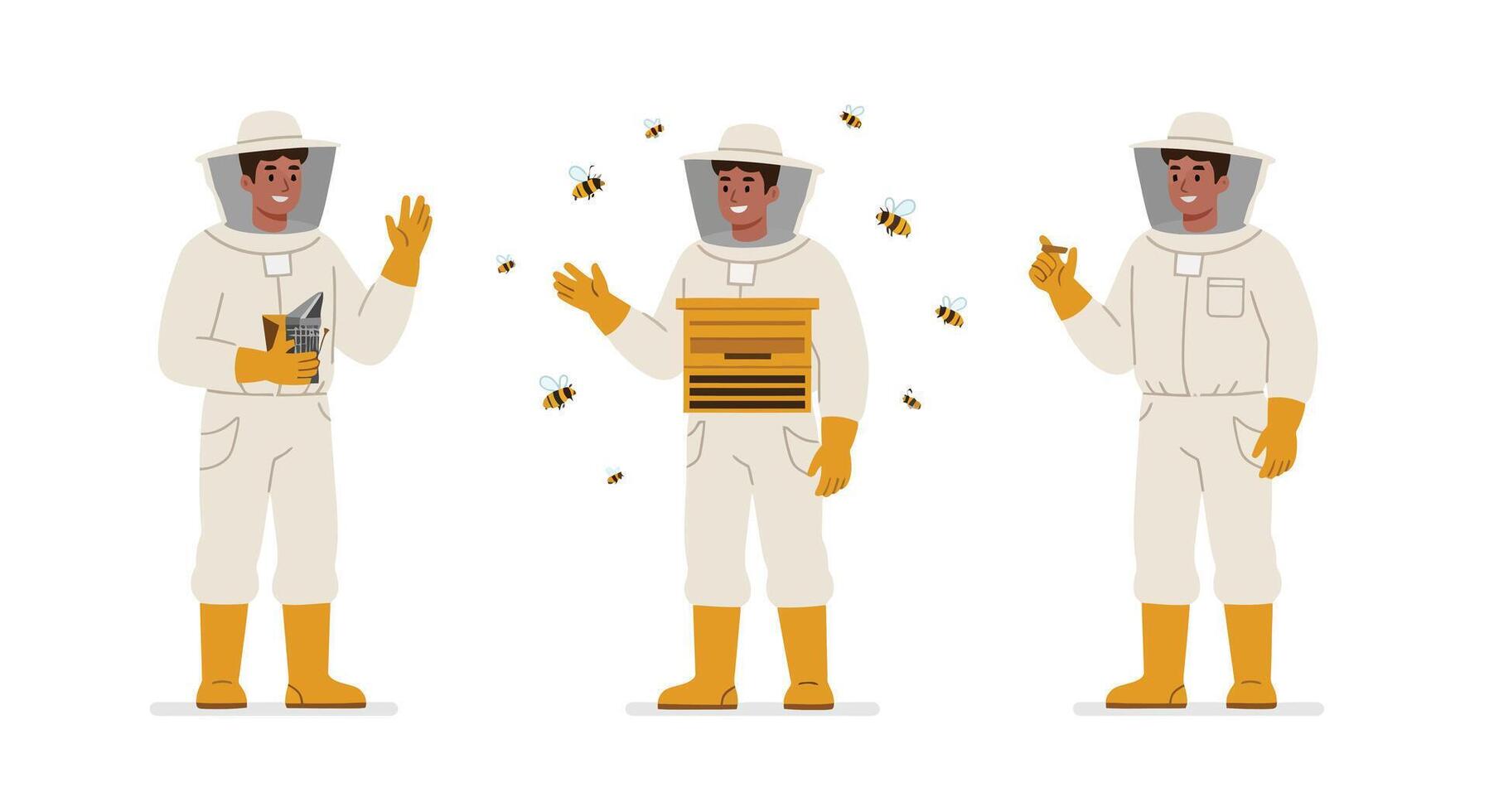 Beekeeper in white suit interacting with bees in detailed flat illustration vector