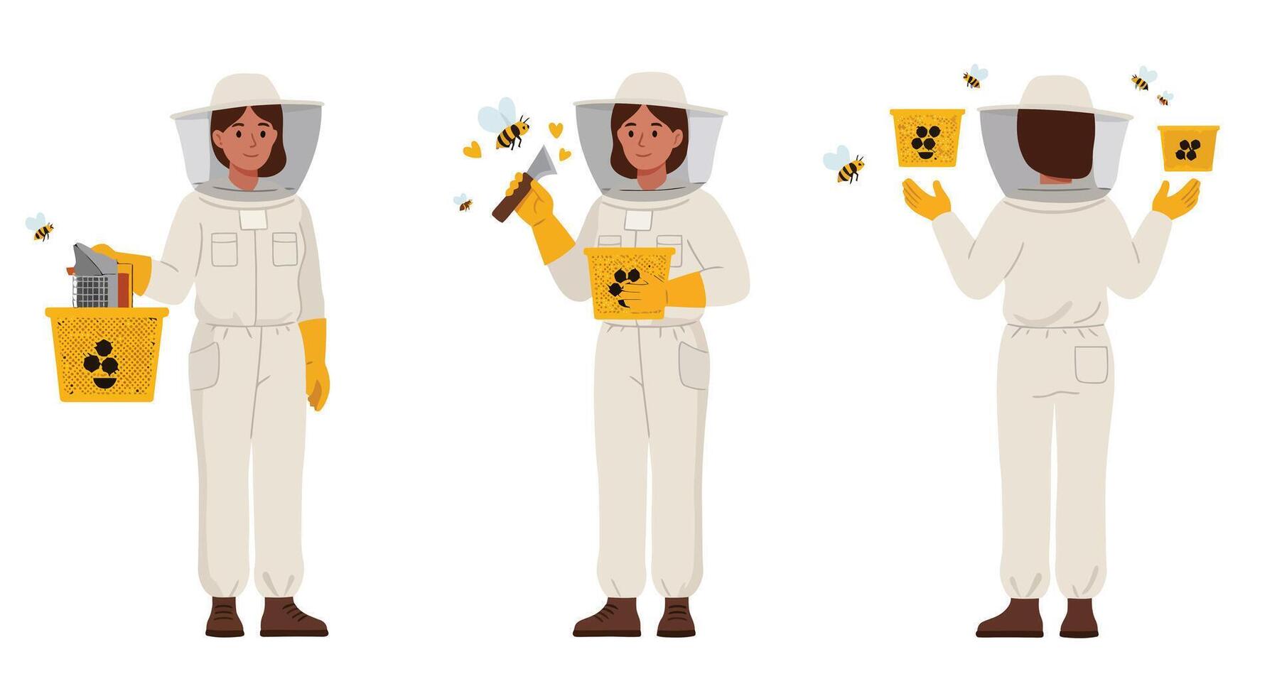 Bee keeper character in minimal art style showing different actions in three frames illustration vector