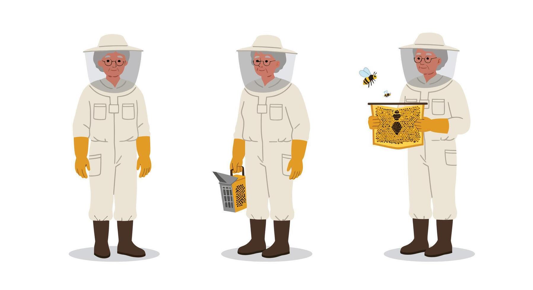 Beekeeper in protective suit performing tasks illustrated in flat art vector