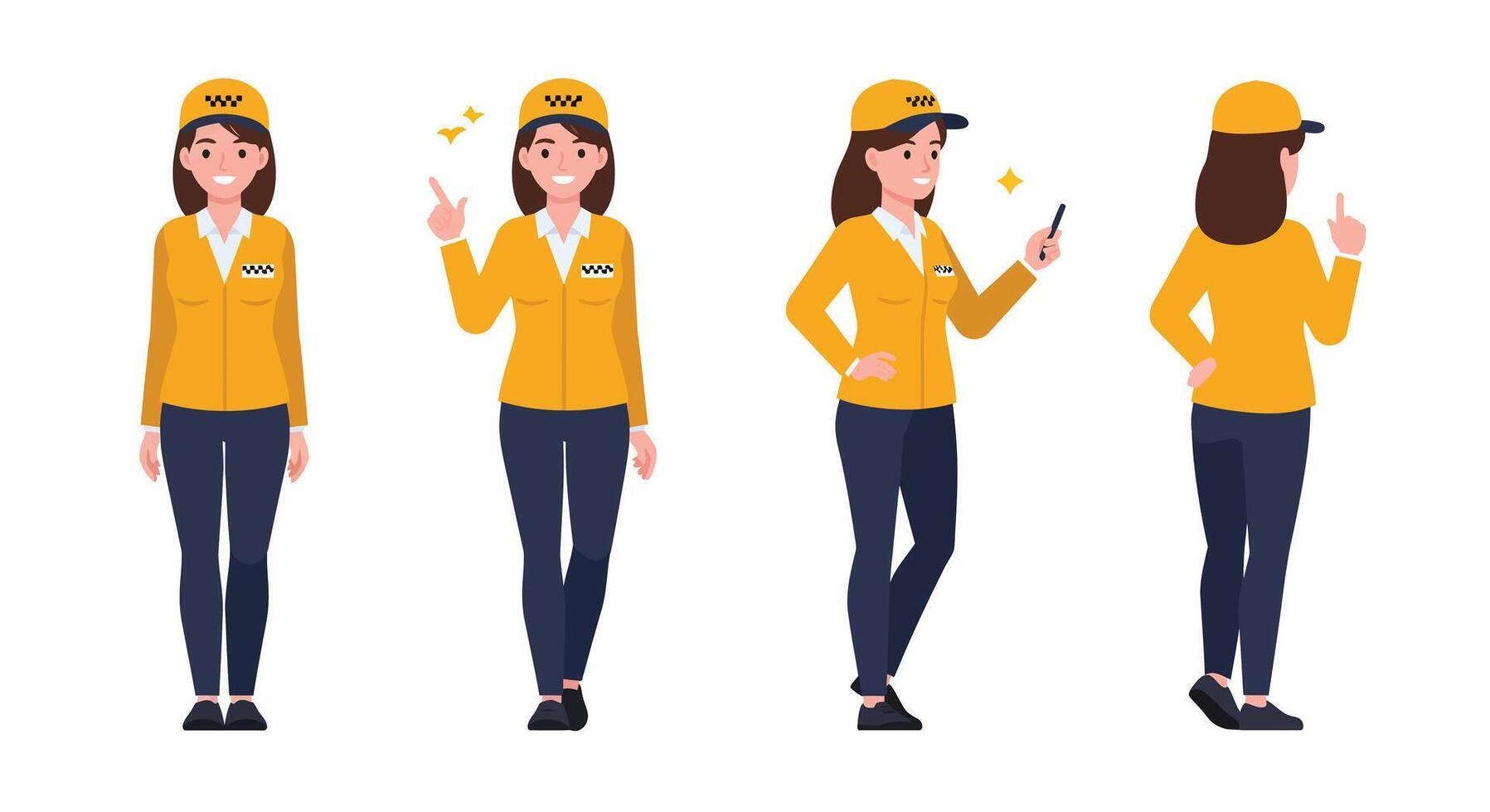 Female character in yellow uniform performing various poses in flat art vector