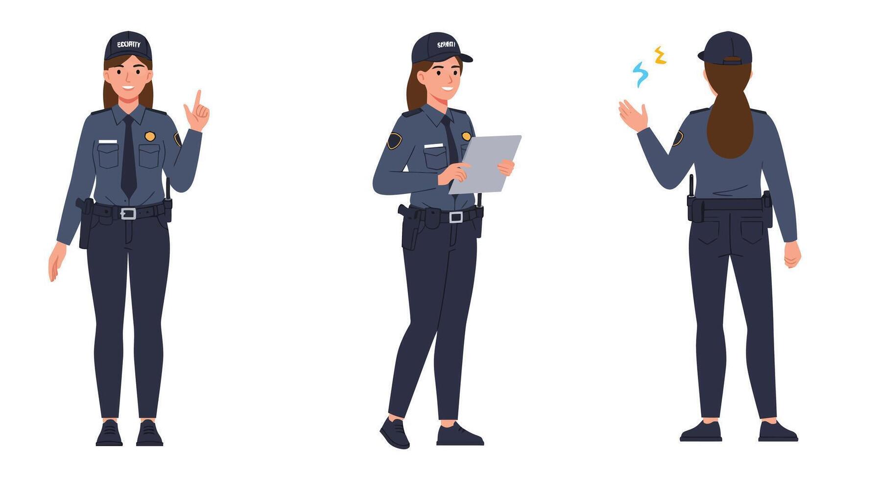 Police officer character in flat design showcasing three distinct poses in illustration vector