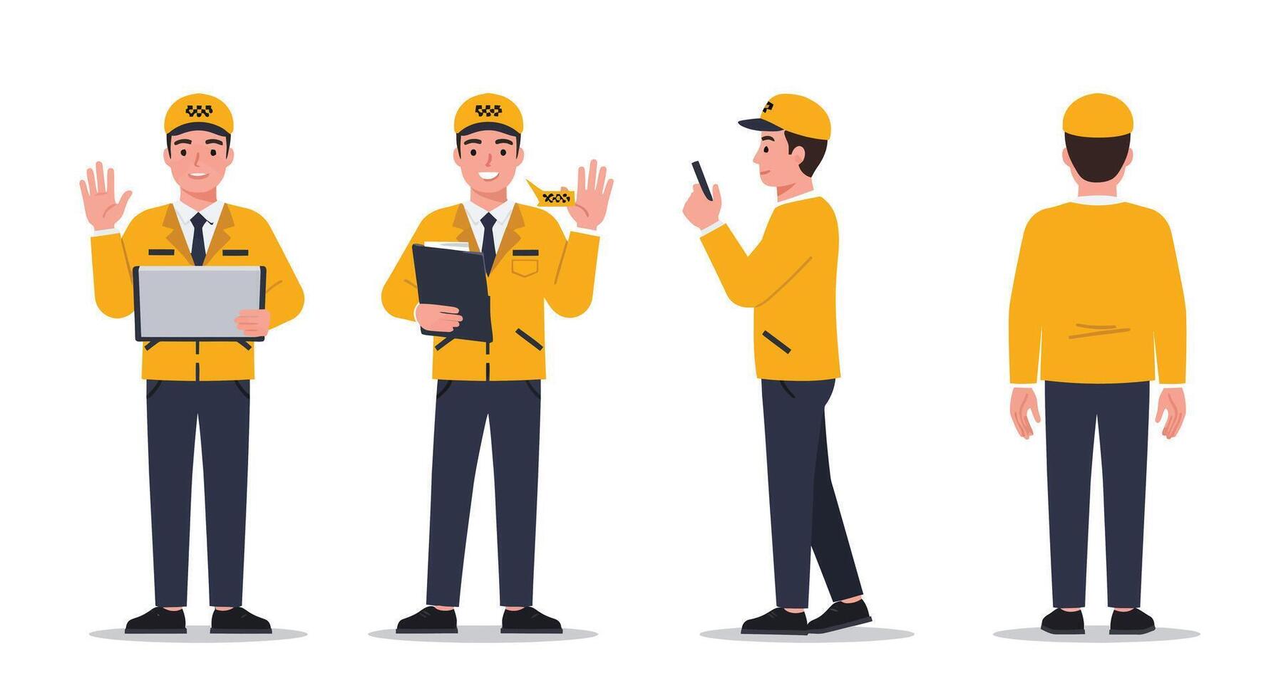Delivery man in yellow jacket performing various actions in flat art vector