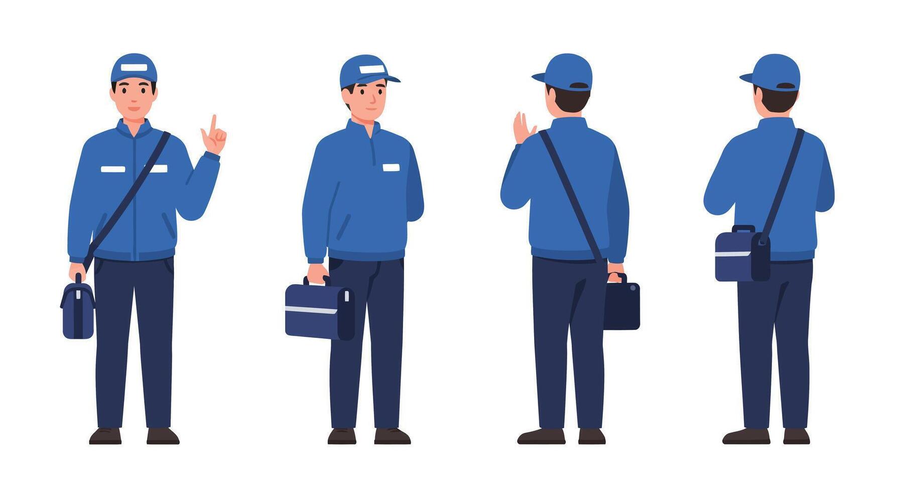Delivery person in blue uniform showing gesture in flat art vector