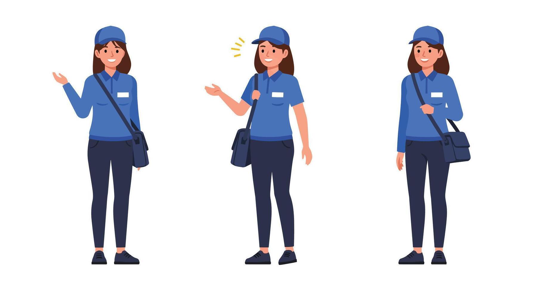 Woman in blue uniform showing different expressions in flat art vector