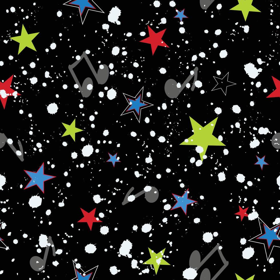 seamless design featuring neon stars, musical notes, and white paint splatter over black. Perfect for digital projects, apparel, party graphics, posters, album covers, or youth merchandise vector