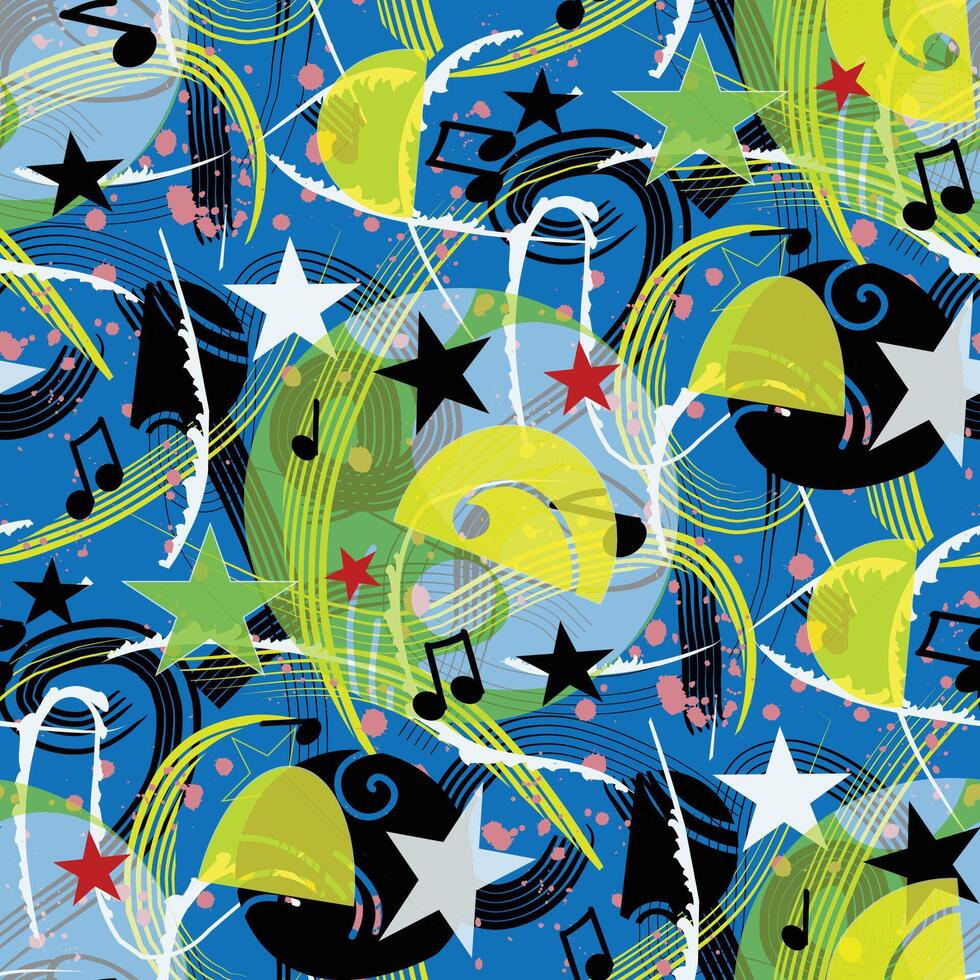 Expressive abstract lines and shapes pattern about music visual with music notes, stars, and swirls in bold, colors on a neutral blue background. Ideal for digital art, textiles, fashion, kids and vector