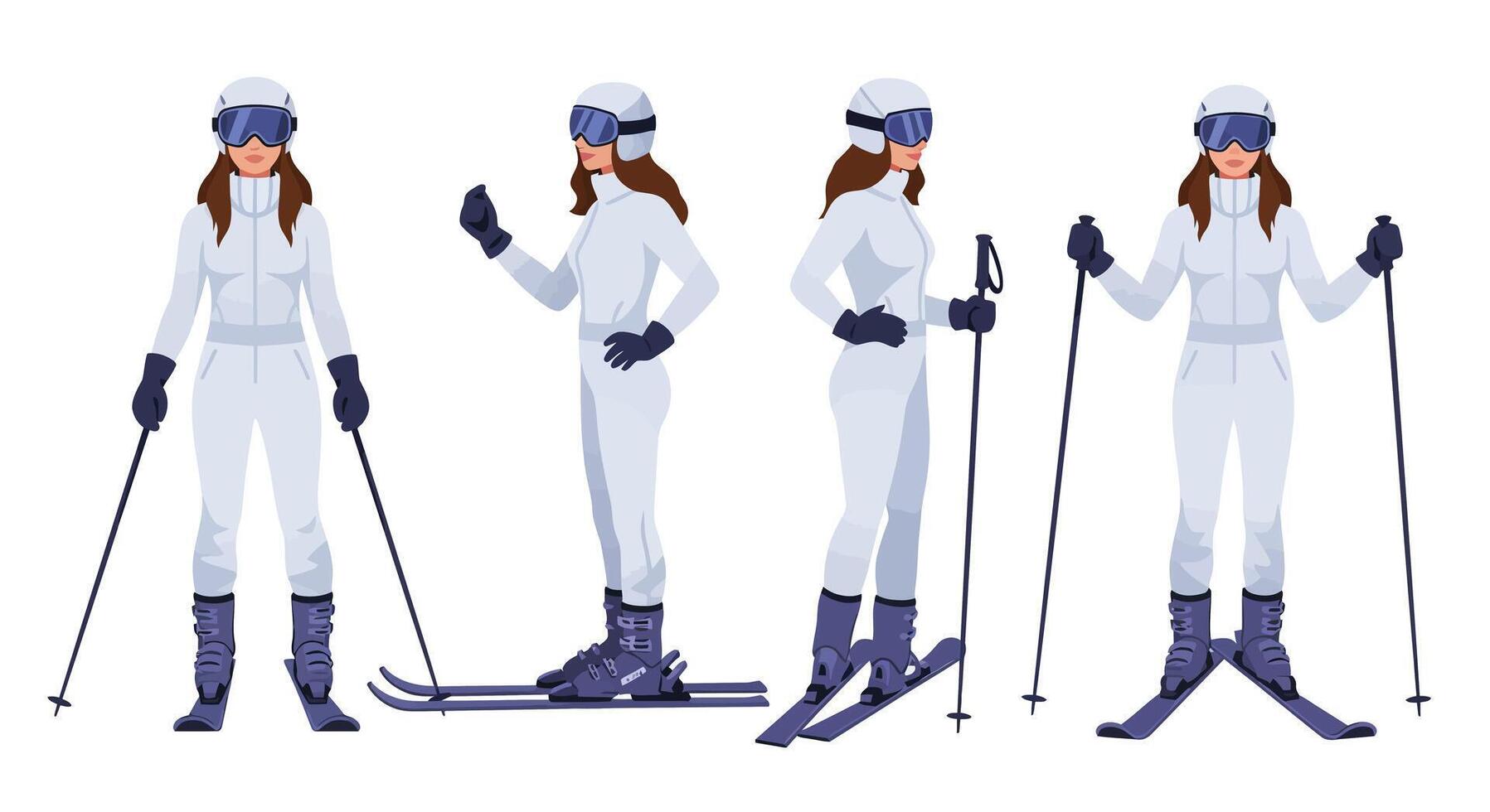 Skier character in various poses detailed flat illustration vector