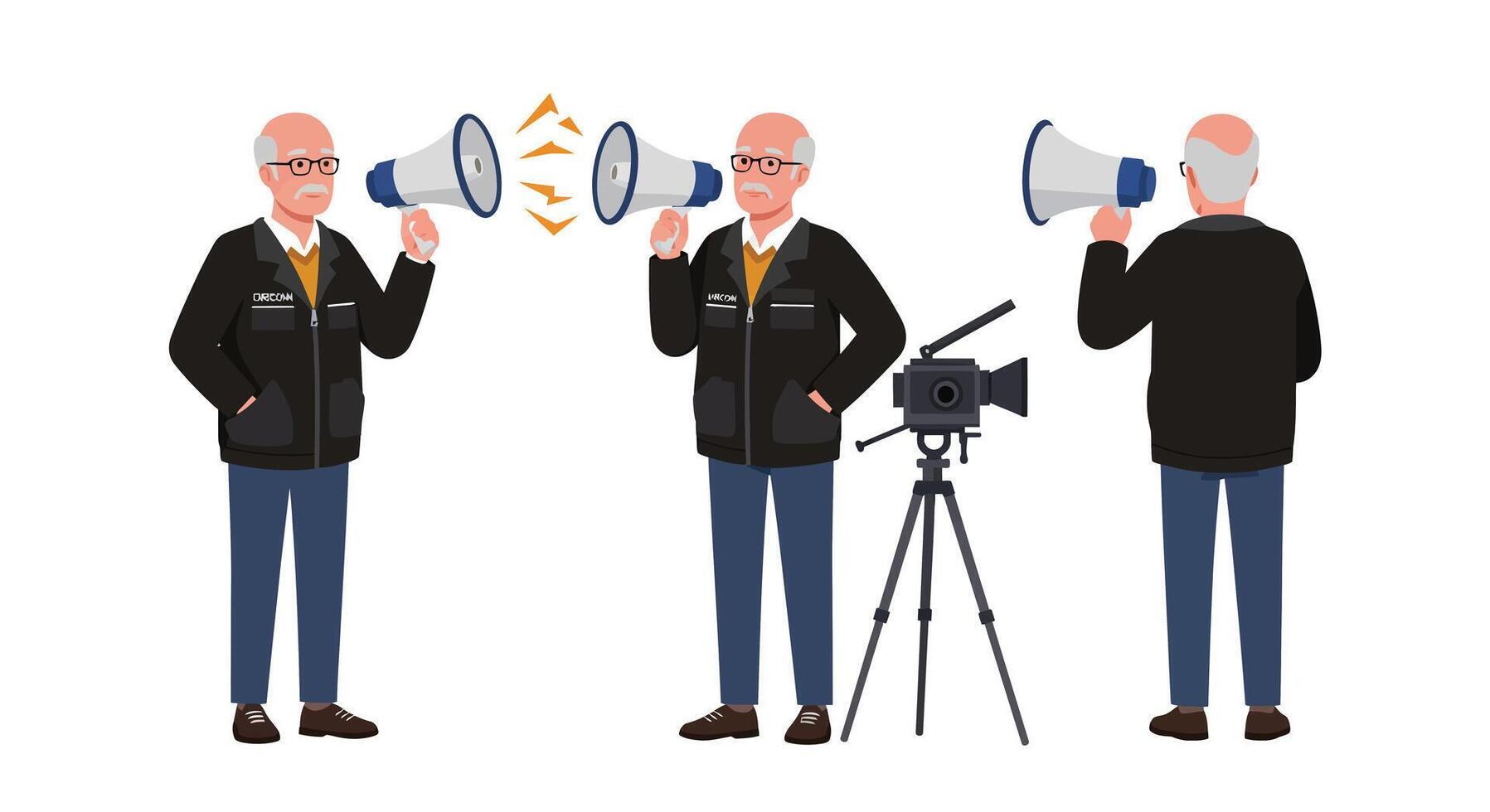 Man using megaphones in two poses with camera flat illustration vector