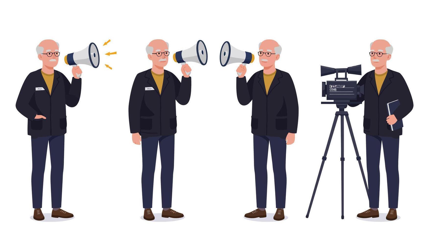 Elderly man with megaphones in flat design art and camera setup illustration vector