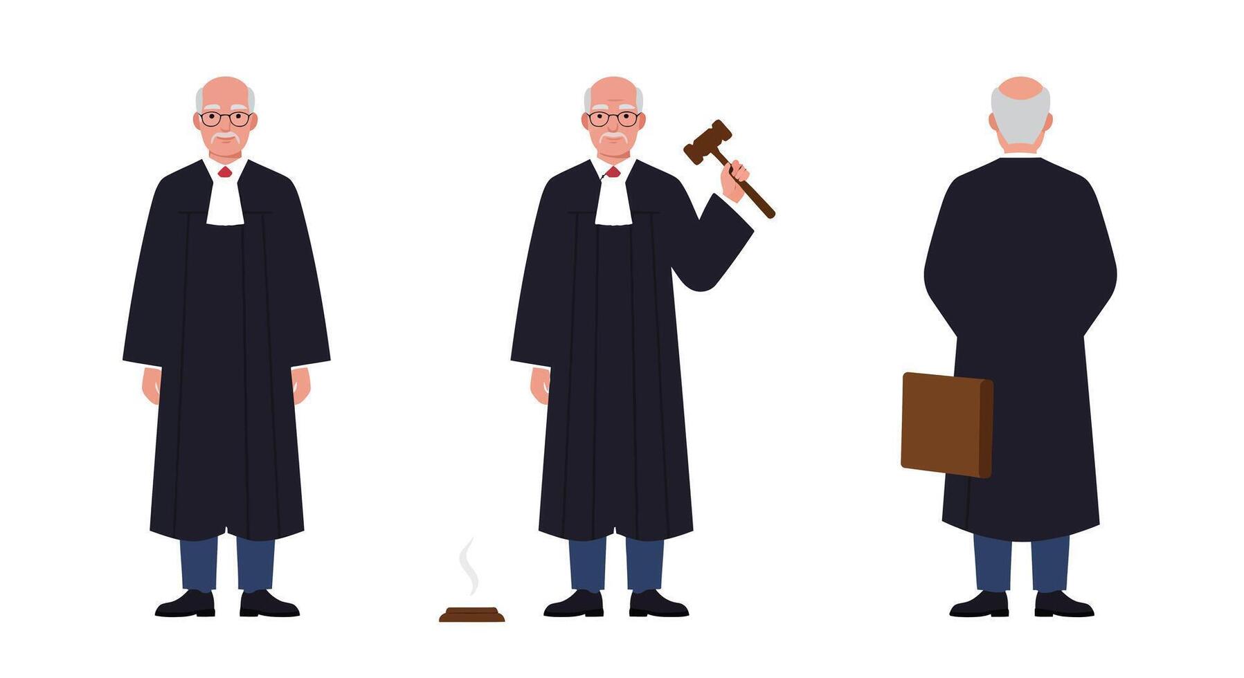 Judge character illustration in flat design showcasing three distinct poses of authority and professionalism art vector