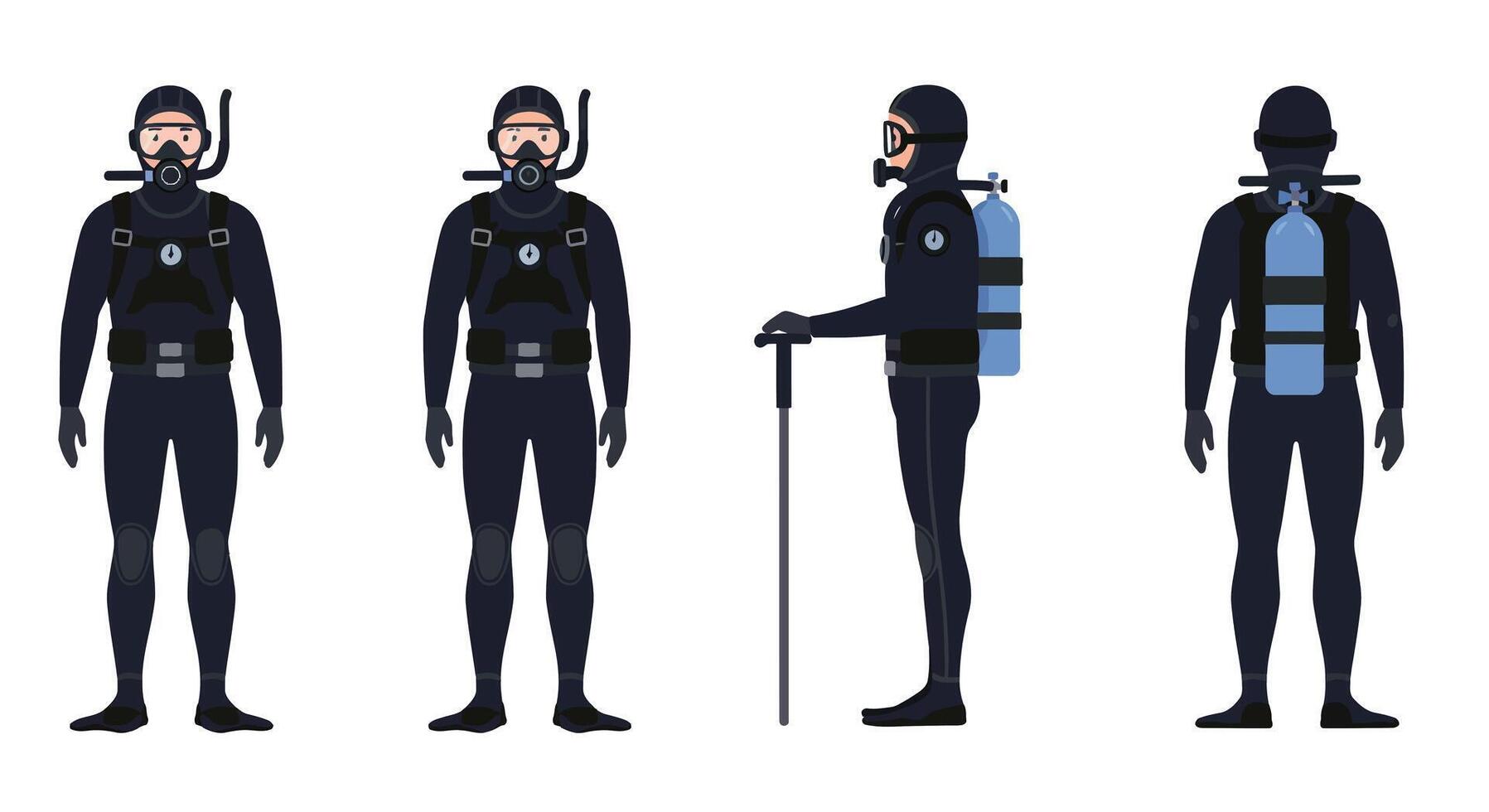 Detailed scuba diver character design in flat style showcasing various poses illustration vector