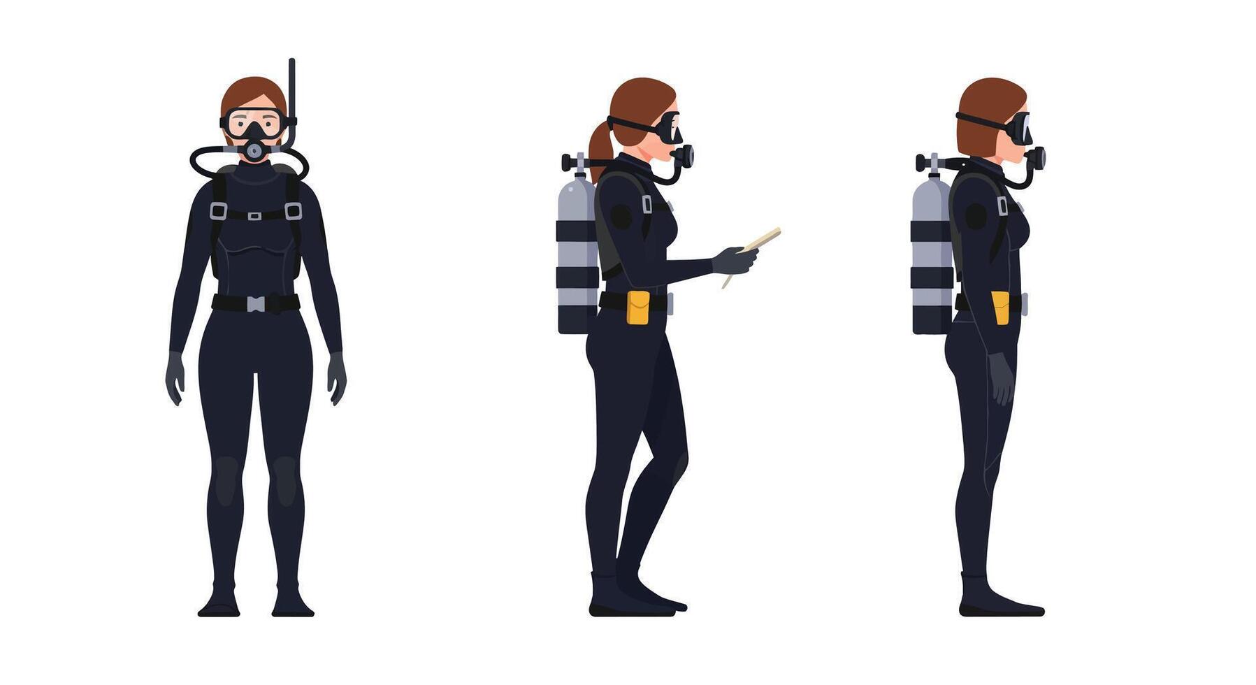 Diver character design progression in minimal flat style illustration vector