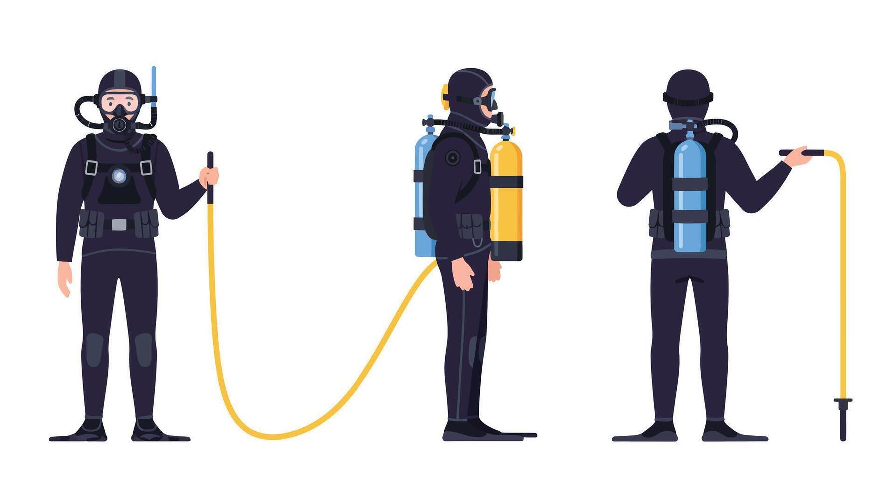 Scuba diver in three poses showcasing flat illustration design style vector