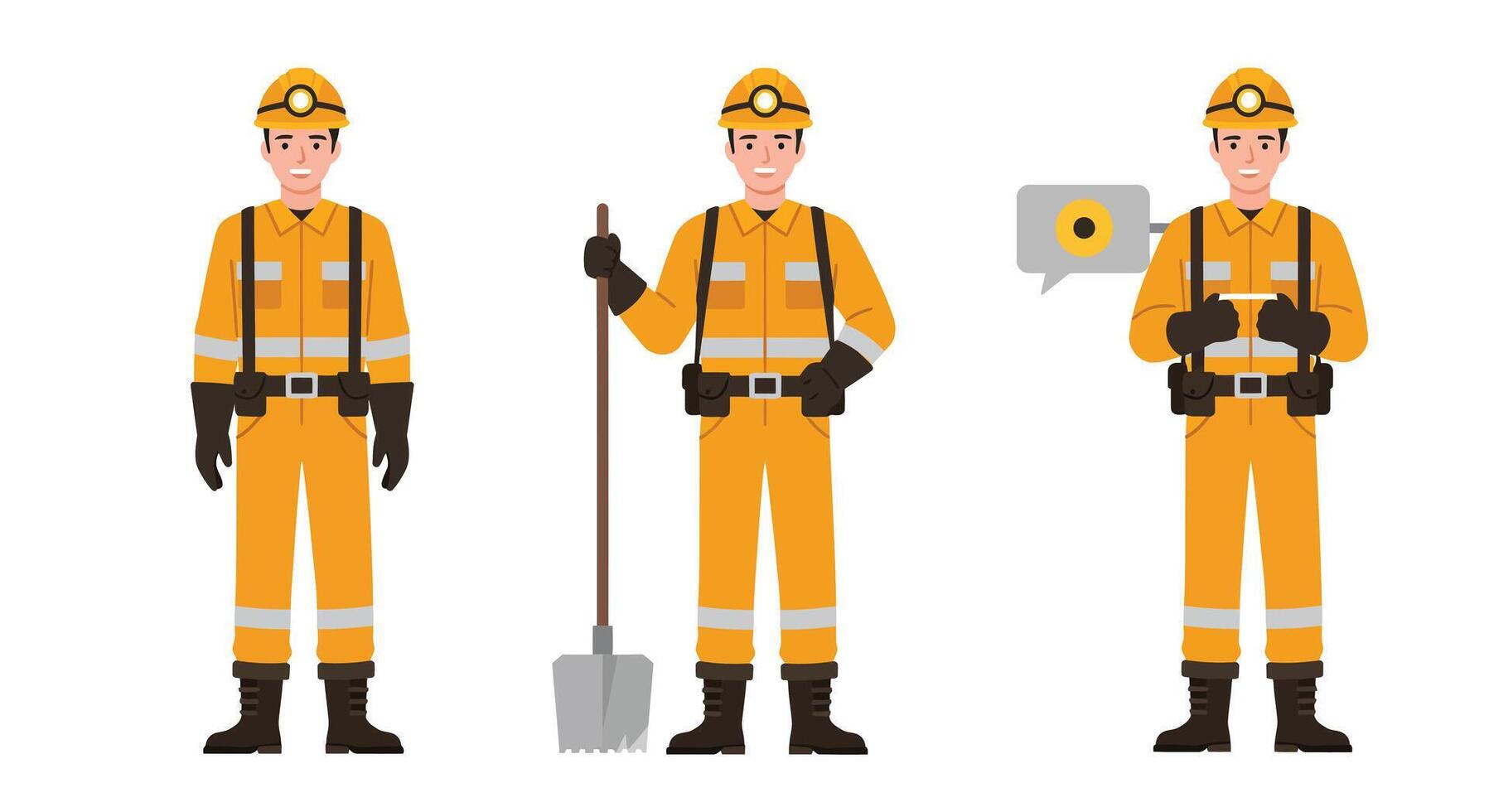 Construction worker character series in flat design style showcasing three action poses illustration vector
