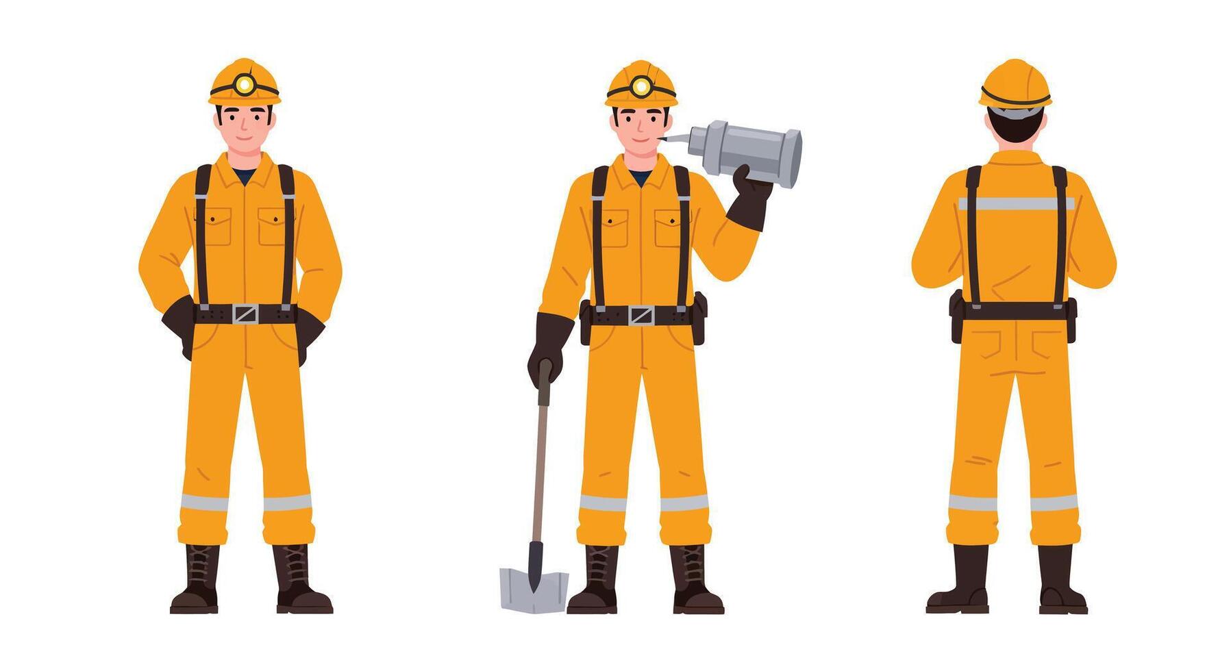 Worker in orange uniform showcasing different poses in flat art style vector