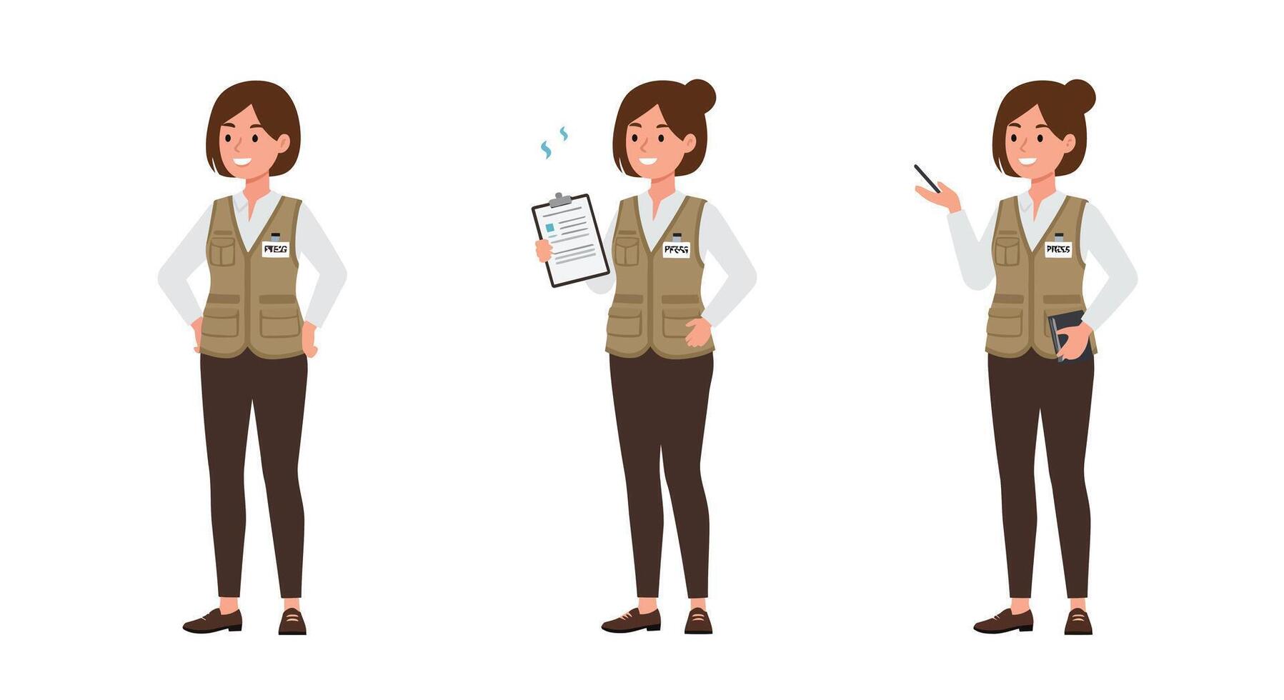 Woman in vest showing different actions in flat illustration vector