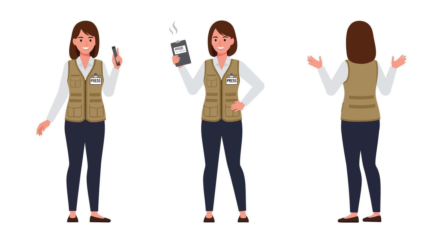 Character design of a woman in casual attire with different poses in flat art vector