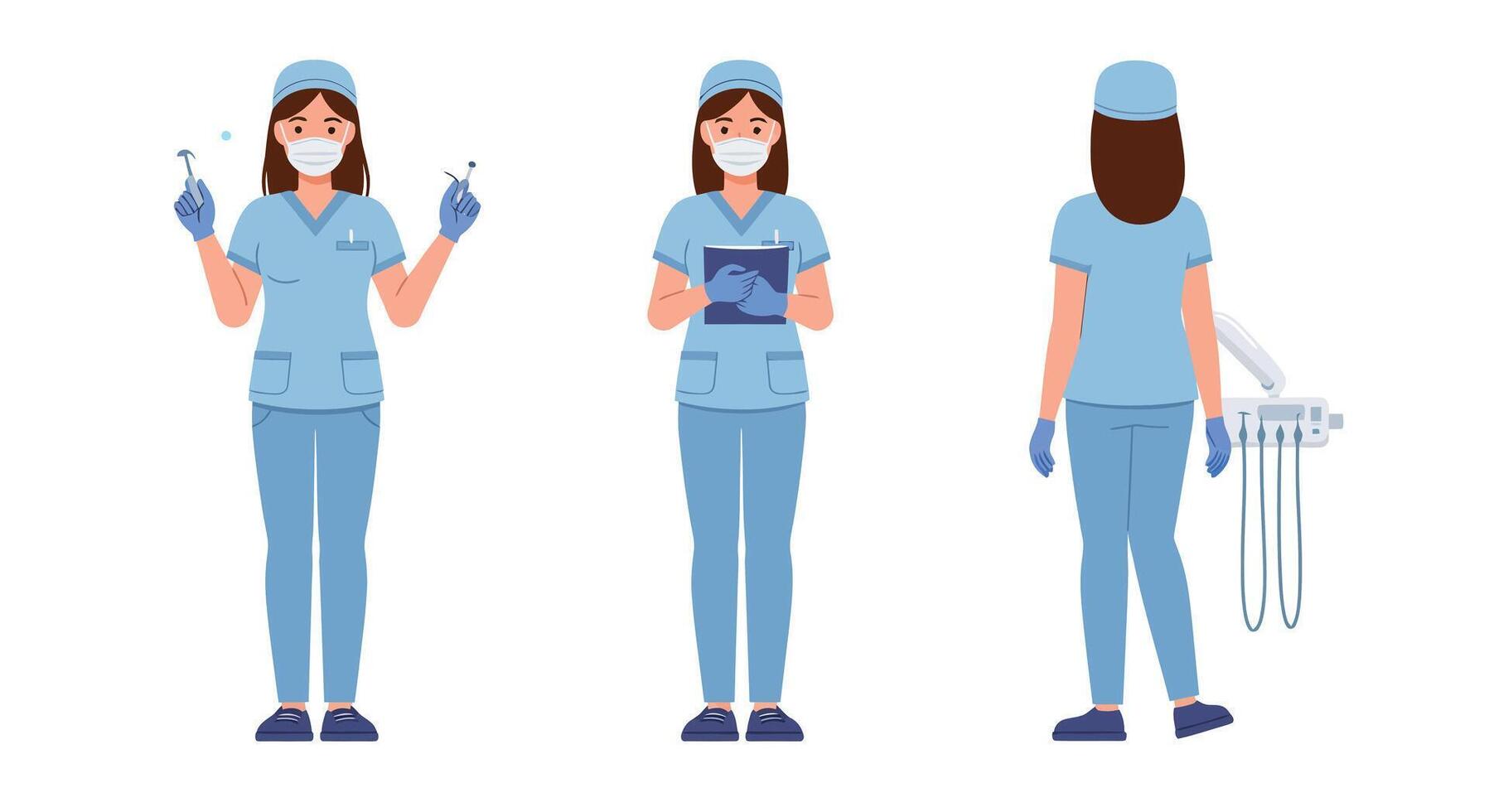 Medical professional in blue scrubs minimal illustration showing different poses and actions vector