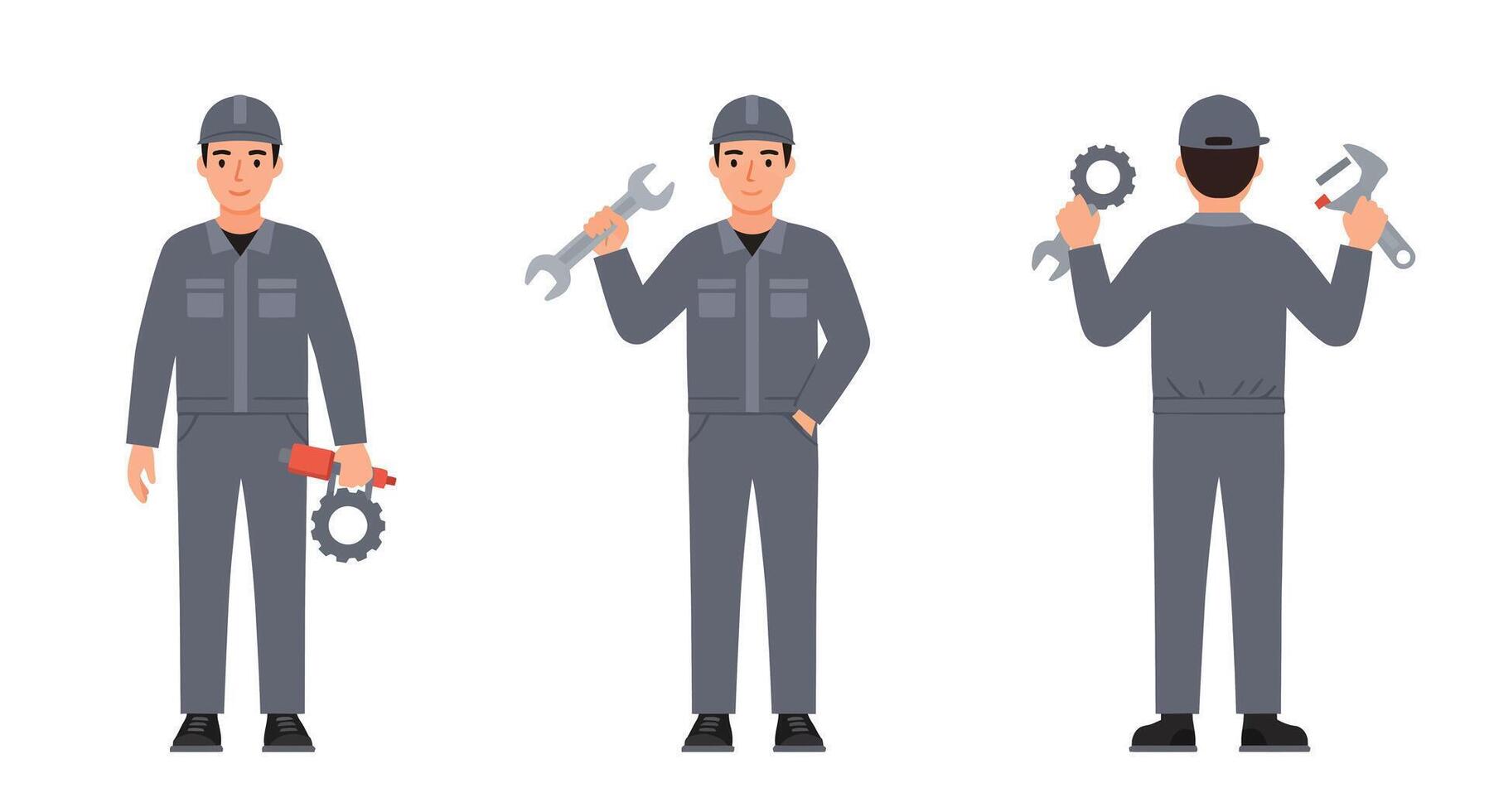 Mechanic character in three poses showcasing tools in flat art vector
