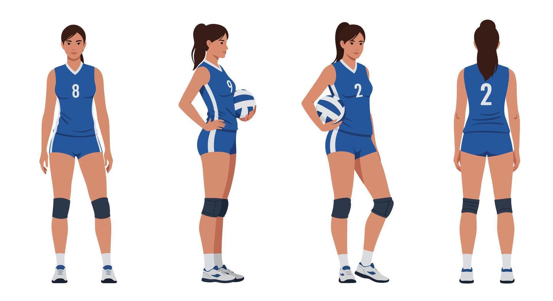 Volleyball player in different poses showcasing athleticism in flat art vector