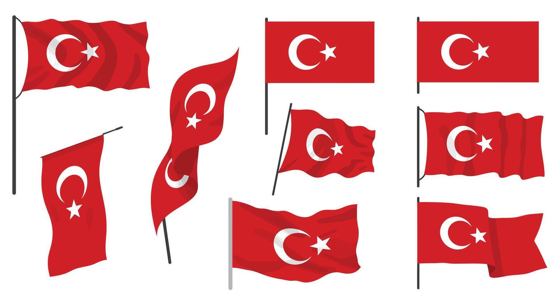 Various Turkish flags in different positions and orientations in flat art vector