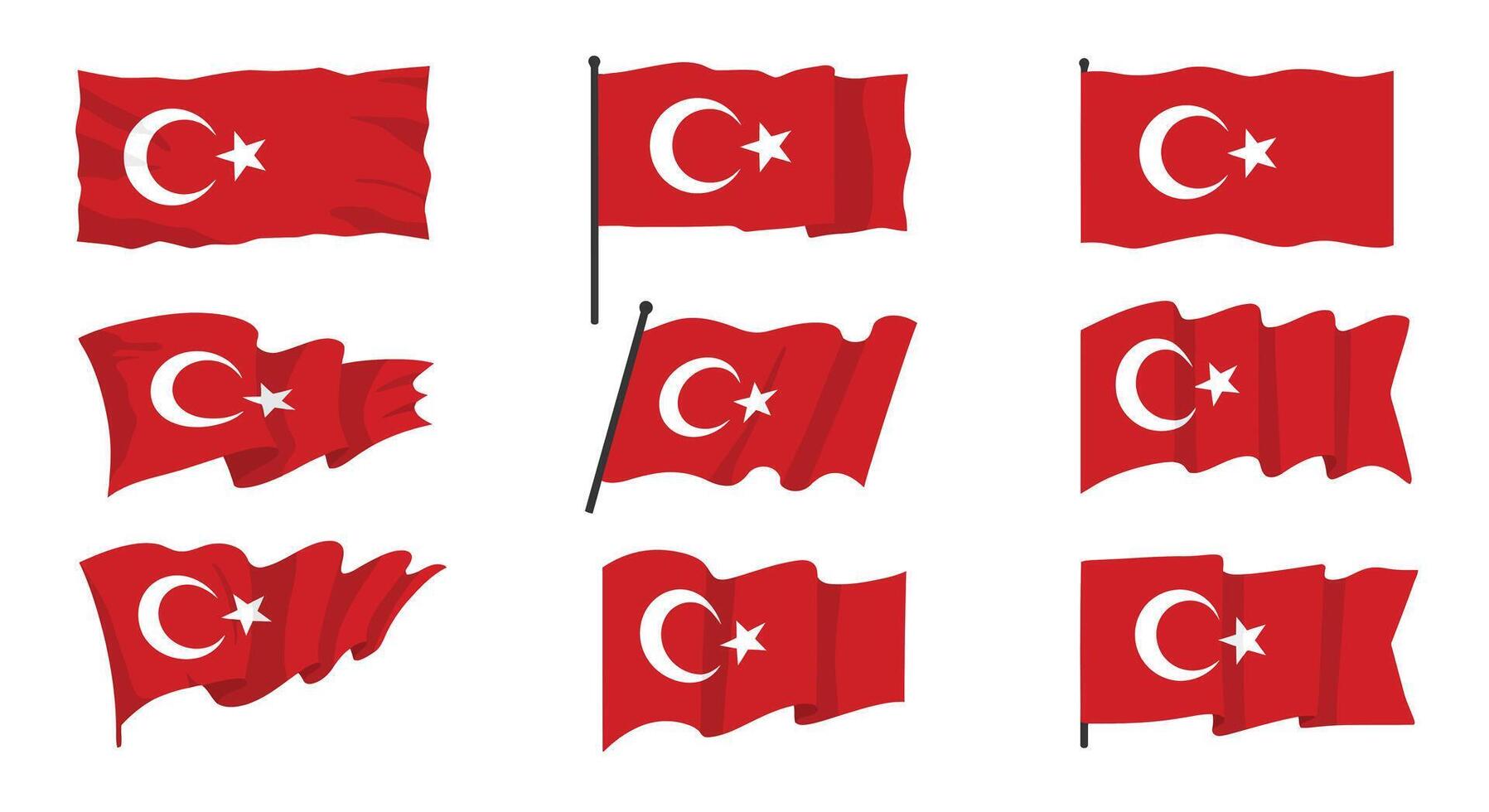 Turkish flag design variations in flat style showcasing movement and detail art vector