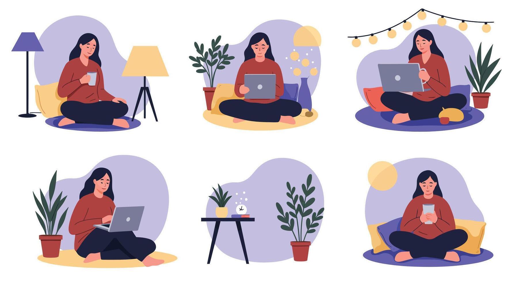 Woman working on laptop in cozy settings with minimal design illustration vector