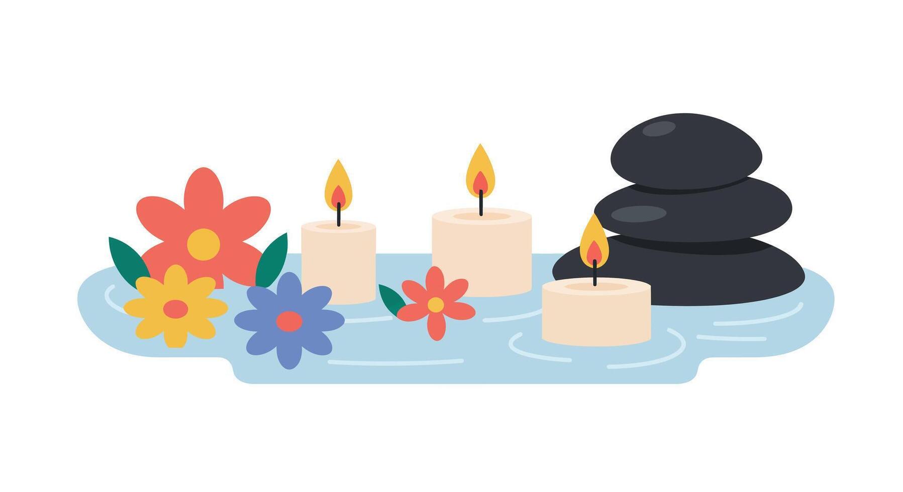 Tranquil spa scene with candles, flowers, and stones in flat art vector